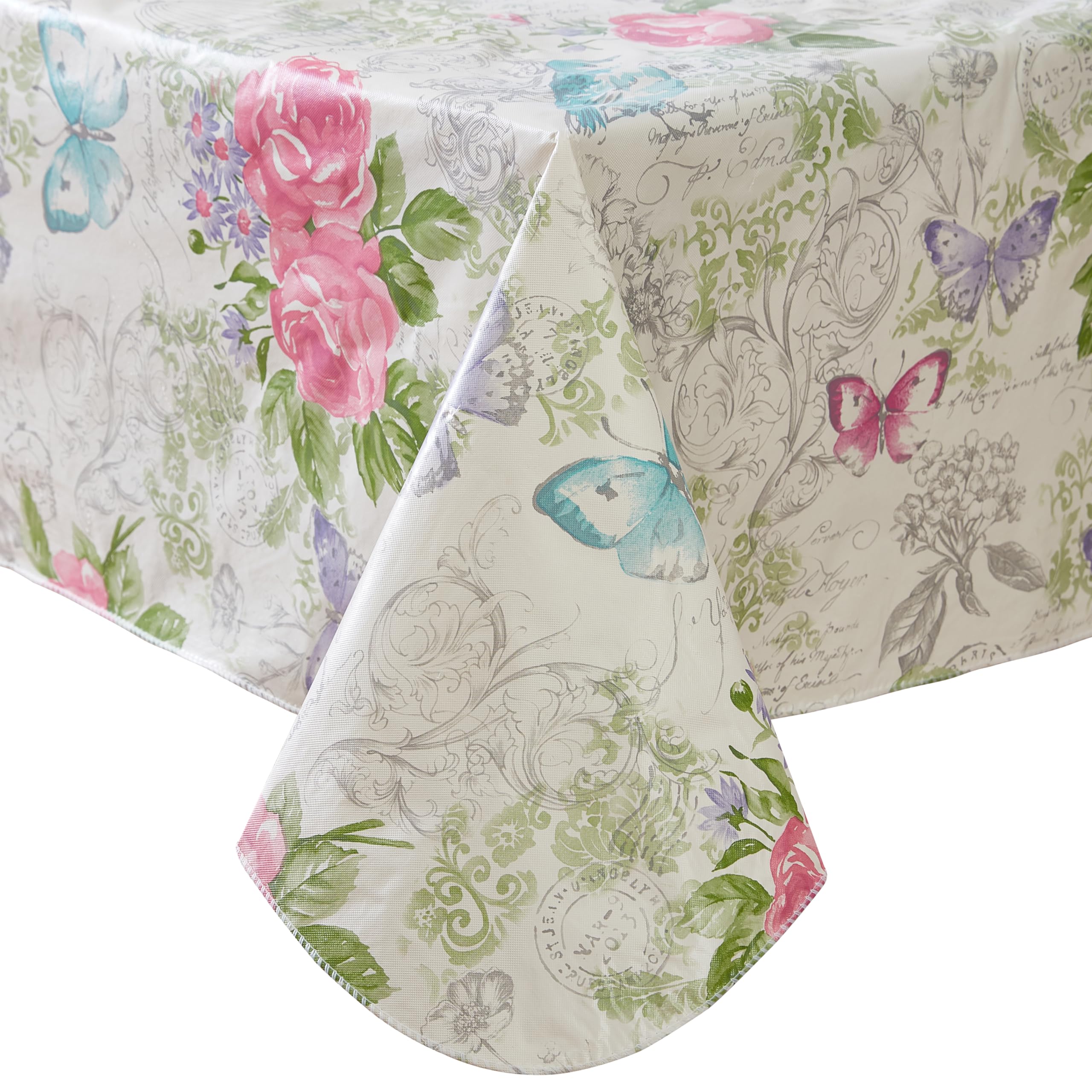 Easter Floral Oval Vinyl Tablecloth 60x84 Inch - Pastel Rose & Butterfly French Country Design with Flannel Backing for Dining Table, Party Decor, Spring Celebration, Holiday Gathering, Outdoor Picnic