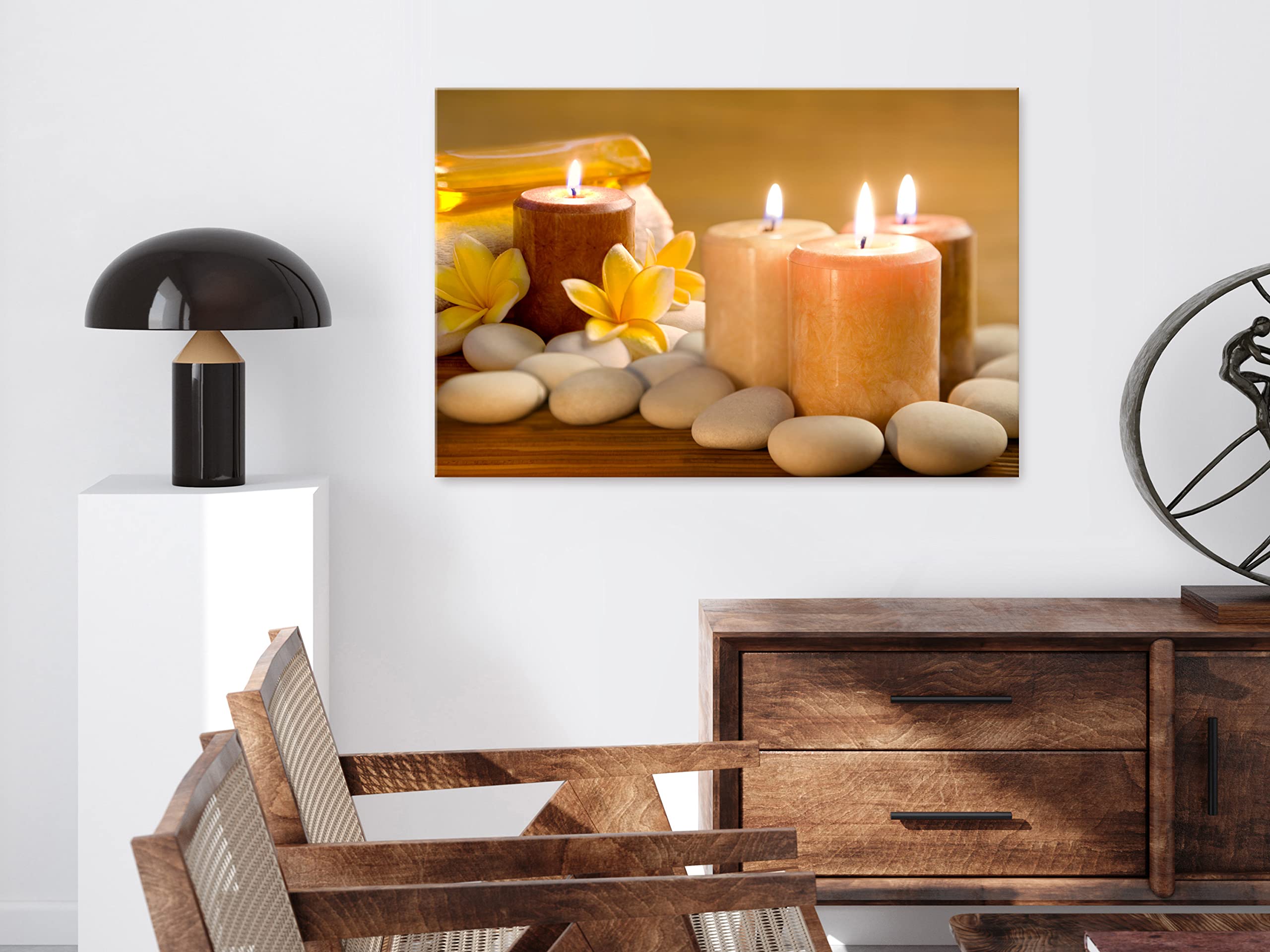 Artgeist Canvas Wall Art Print - 35x24 Inch Framed Stretched Spa Decor with Stone Flowers & Zen Candles for Home, Office, or Wellness Retreats