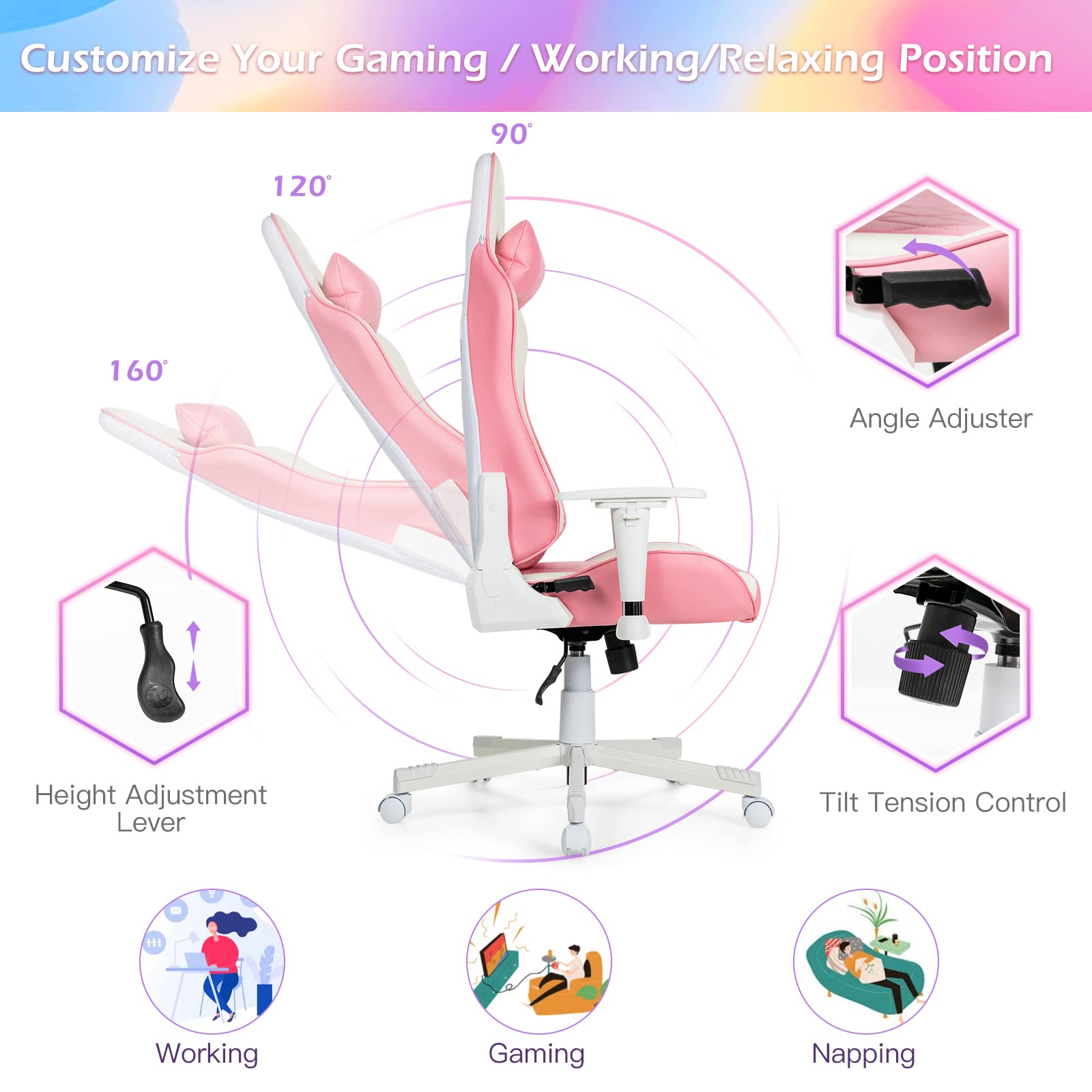 Powerstone Ergonomic Massage Gaming Chair - Adjustable Armrest, High Back Swivel Racing Style Office Chair with Premium PU Leather (Pink/White) - Perfect for PC Gaming, Home Office & Esports Setup