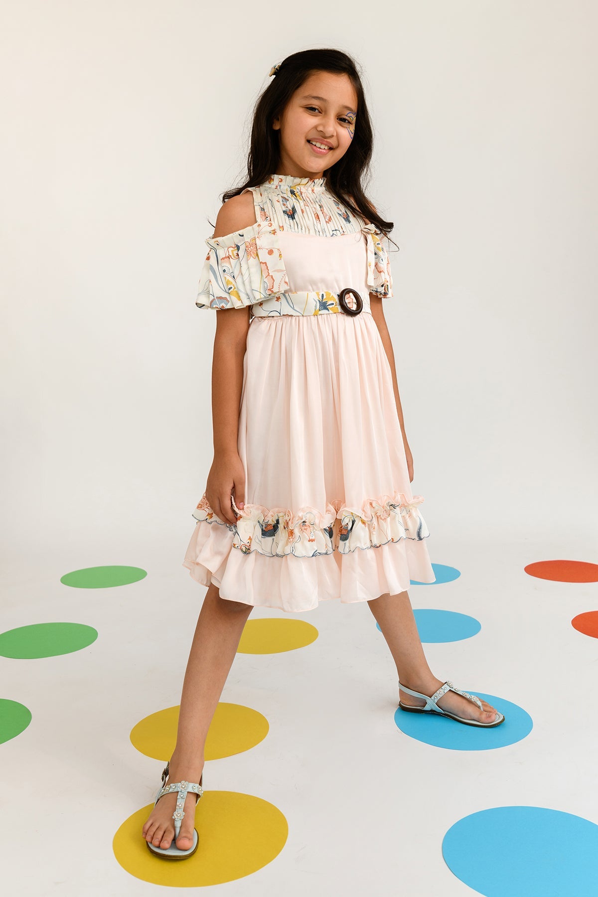 Elegant Round Neck Pleated Sleeves Dress for Girls - Perfect for Birthday Parties, School Events & Family Gatherings