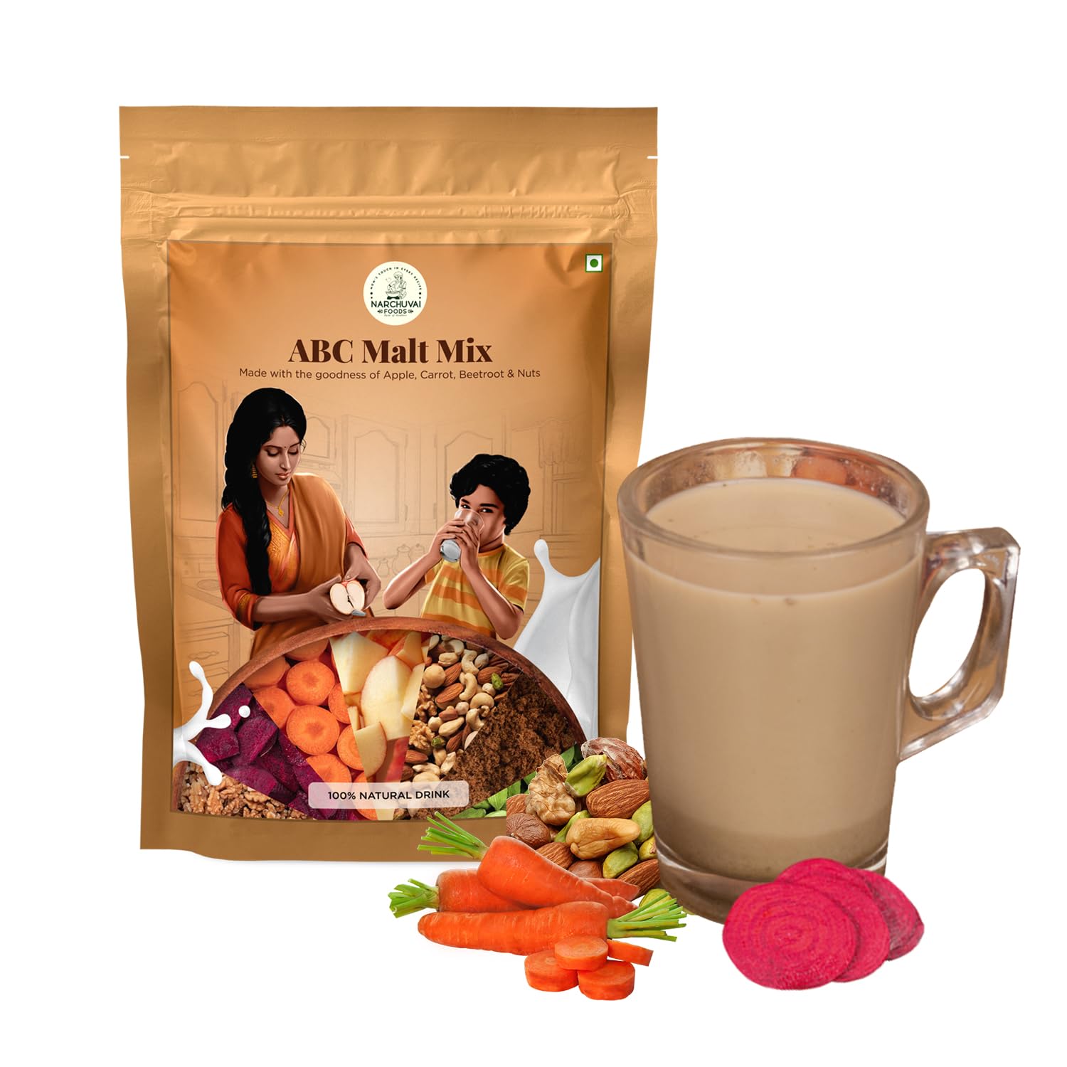 Narchuvai Foods ABC Malt Mix - Instant Apple, Beetroot, Carrot Milk Powder | Sugar-Free Health Drink for Kids, Women & Adults | Rich in Nutrients & Energy | Perfect for Breakfast, Post-Workout & Travel | 250g