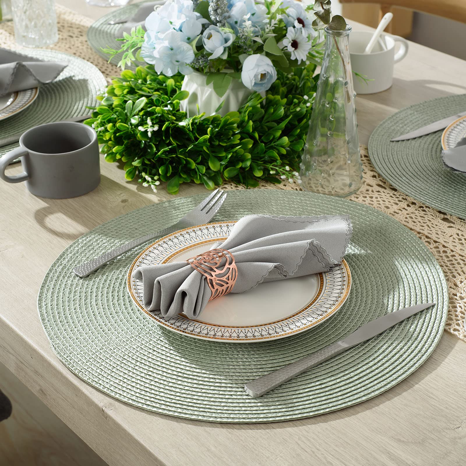 15 Inch Round Braided Placemats Set of 6 - Natural Woven Heat Resistant Table Mats for Dining Room Decor, Kitchen Table Setting, and Home Entertaining (Sage Green)