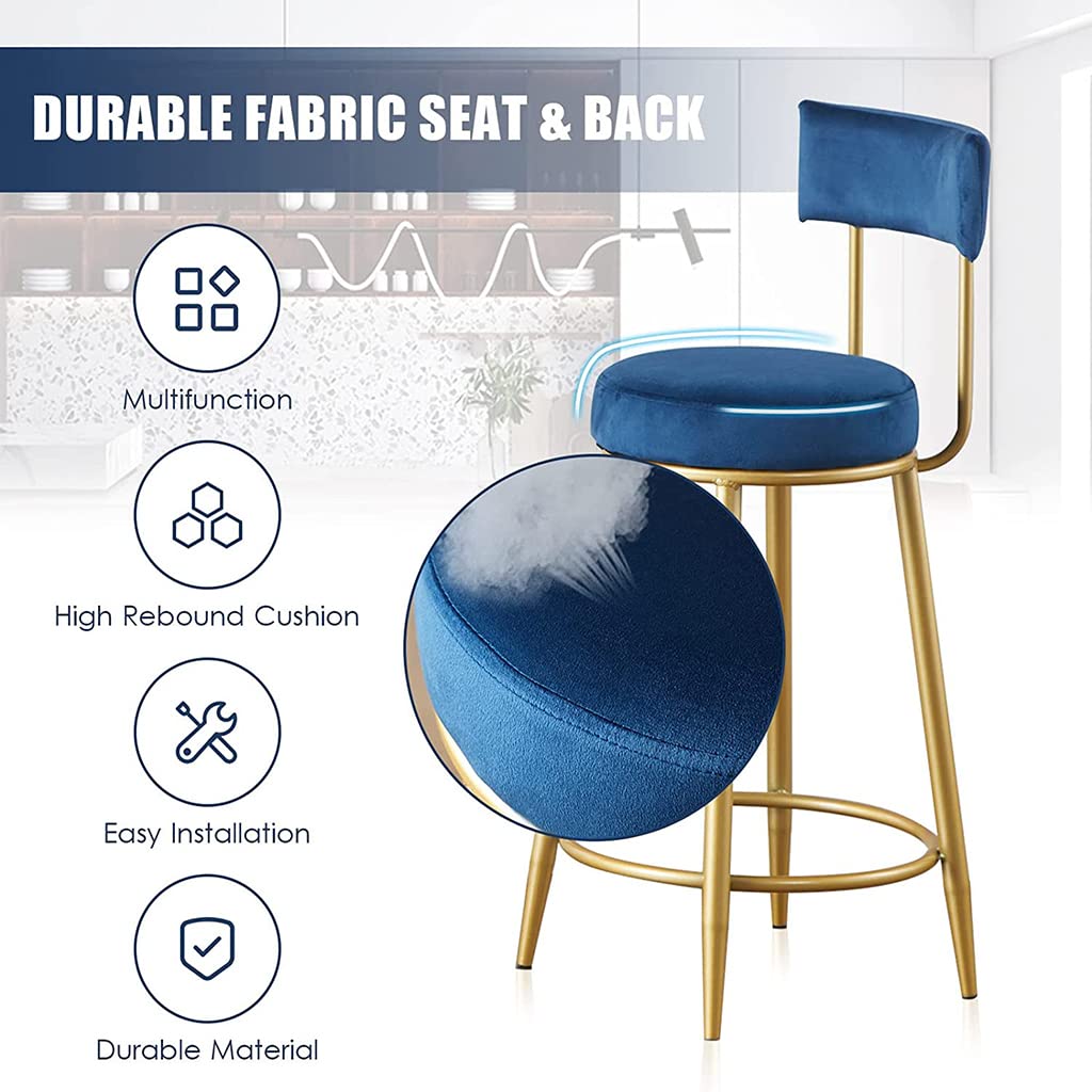 Velvet Upholstered Modern Bar Stool with Golden Metal Legs & Footrest - Counter Height Kitchen Island Stool for Breakfast Nook, Home Bar, Restaurant & Cafe Decor