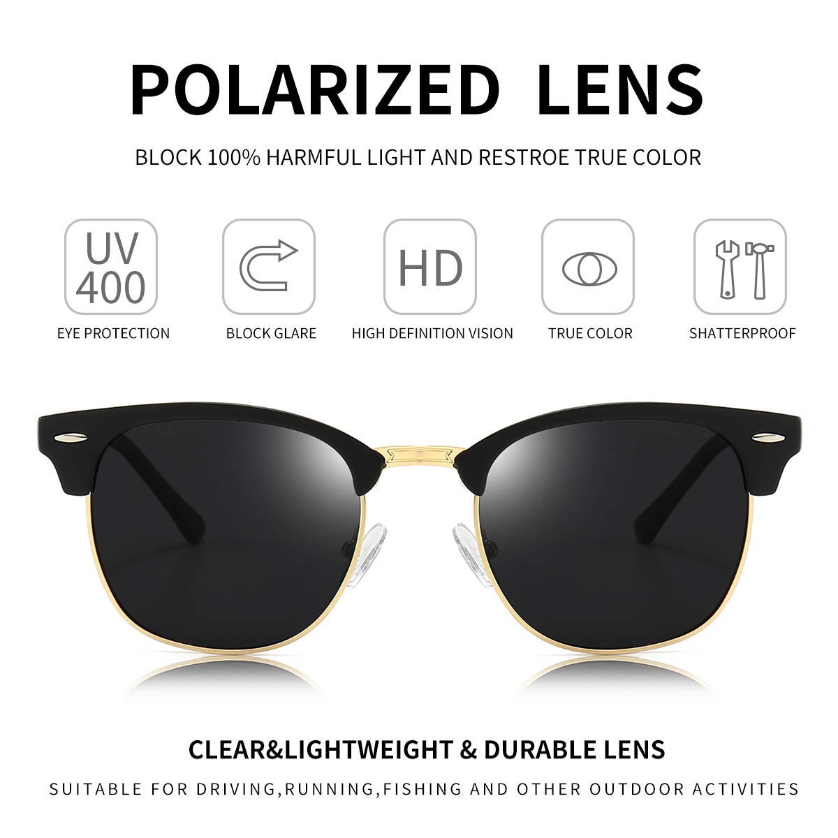 Dollger Polarized Browline Sunglasses for Men & Women - Classic Semi-Rimless Retro Frame with UV 400 Protection - Perfect for Driving, Beach, and Outdoor Activities