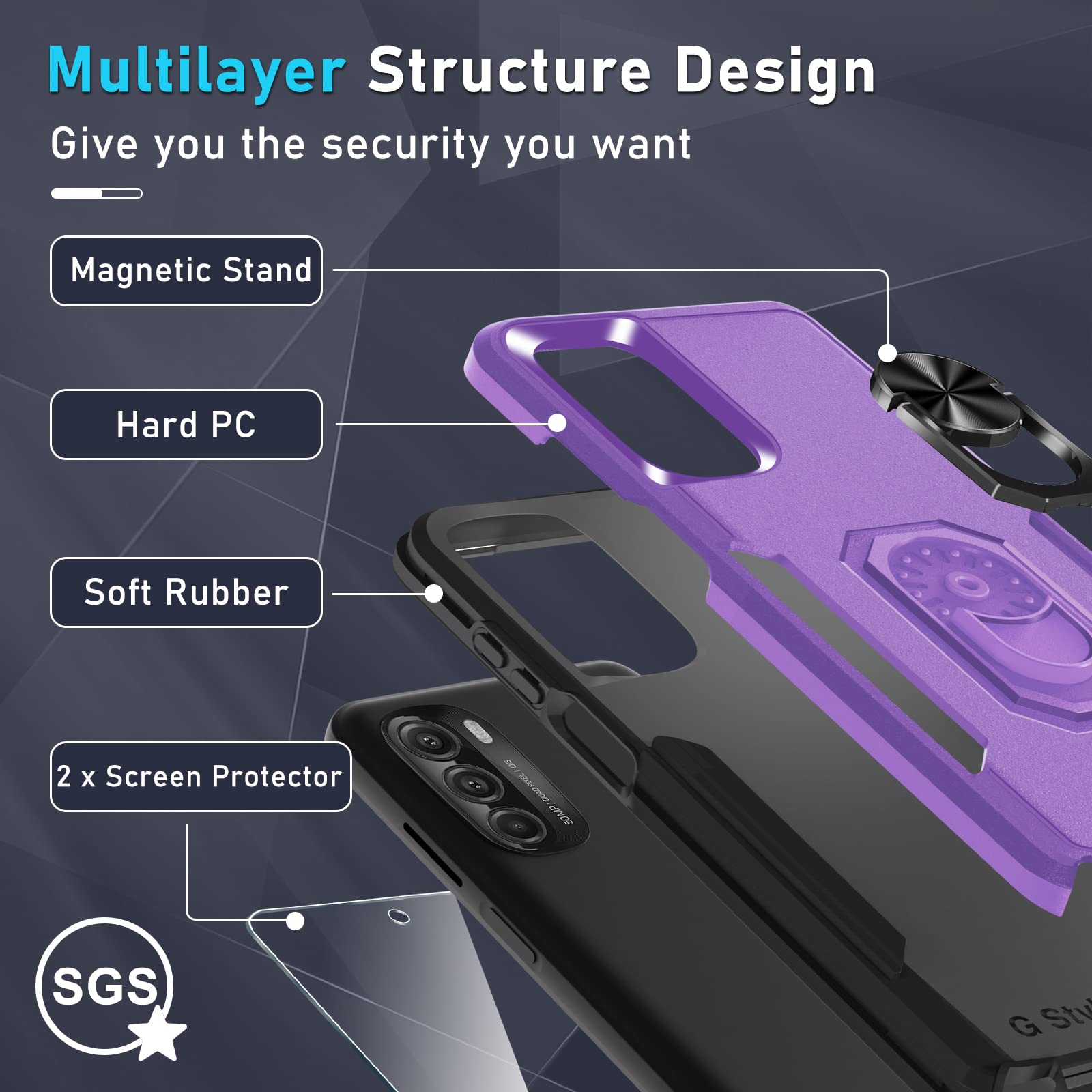 Janmitta Heavy Duty Shockproof Case for Moto G 5G 2022 - Full Body Protective Cover with Built-in Rotatable Metal Ring Holder & Kickstand + Screen Protector (Lavender) | Perfect for Outdoor Activities, Travel, and Daily Protection
