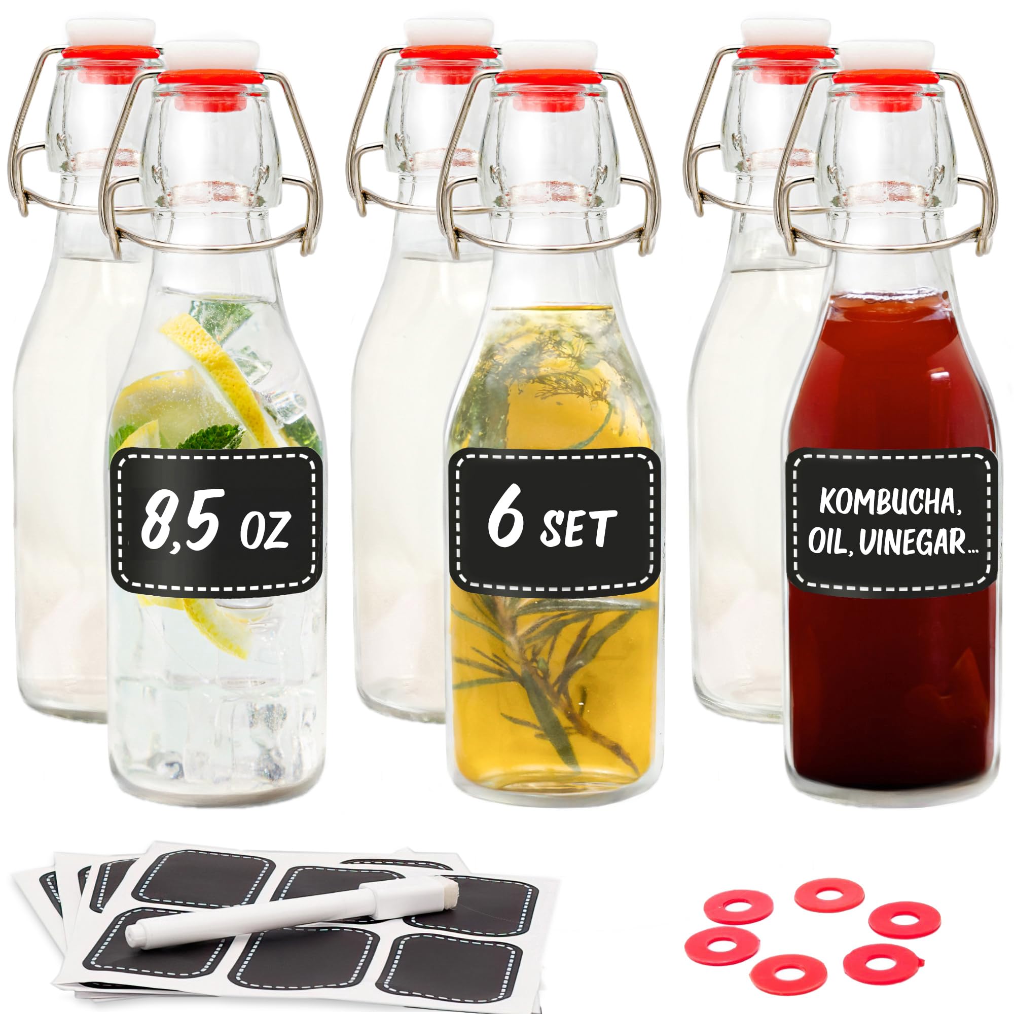 6-Pack 8oz Swing Top Glass Bottles with Airtight Flip Top Lids - Includes 12 Labels & Pen - Dishwasher Safe - Perfect for Homemade Kombucha, Cold Brew Coffee, and Juice Storage