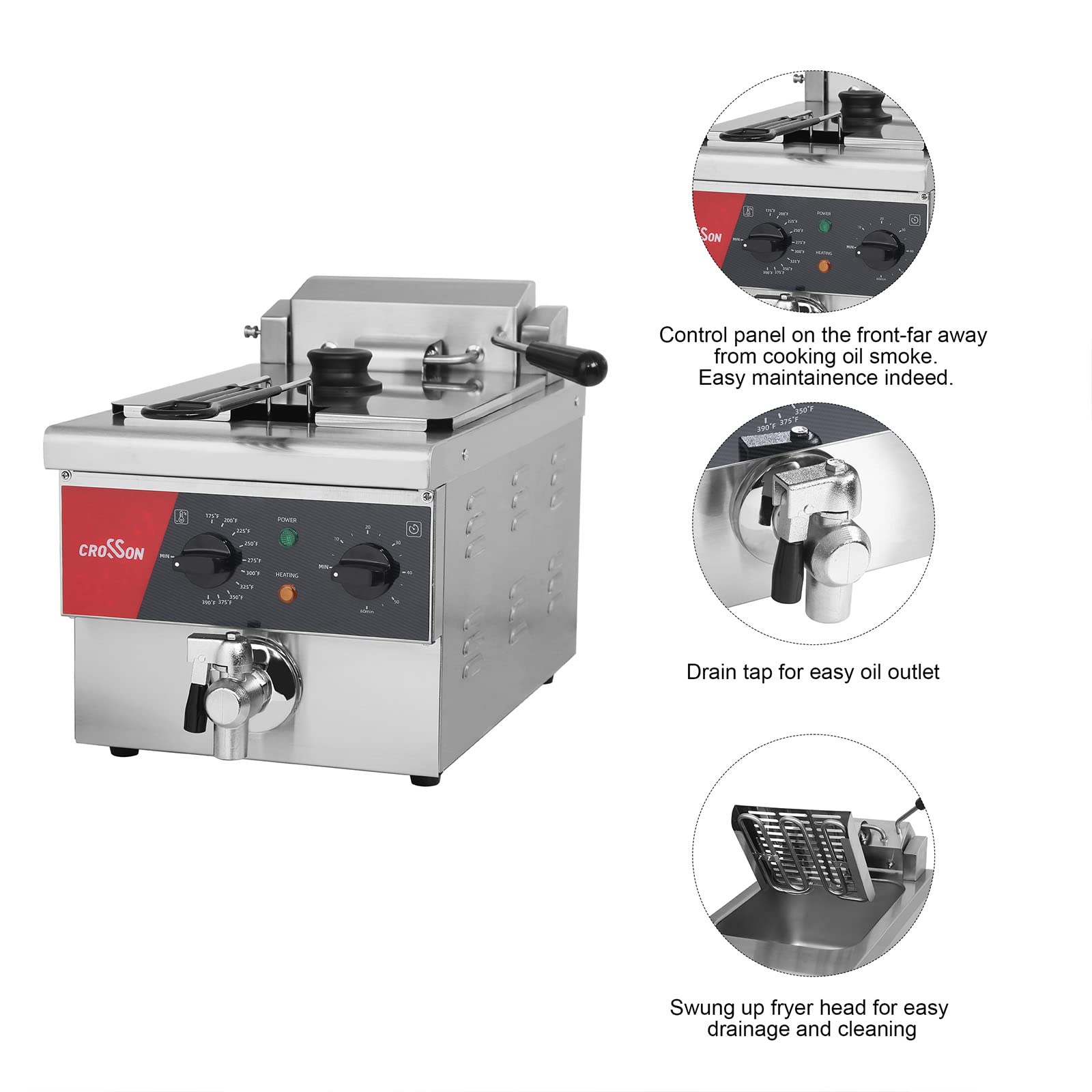 CROSSON 6L Commercial Electric Deep Fryer with Timer, Drain & Lid - 1800W Countertop Deep Fryer for Restaurants, Fast Food & Home Use - Perfect for Frying Chicken, French Fries & Seafood