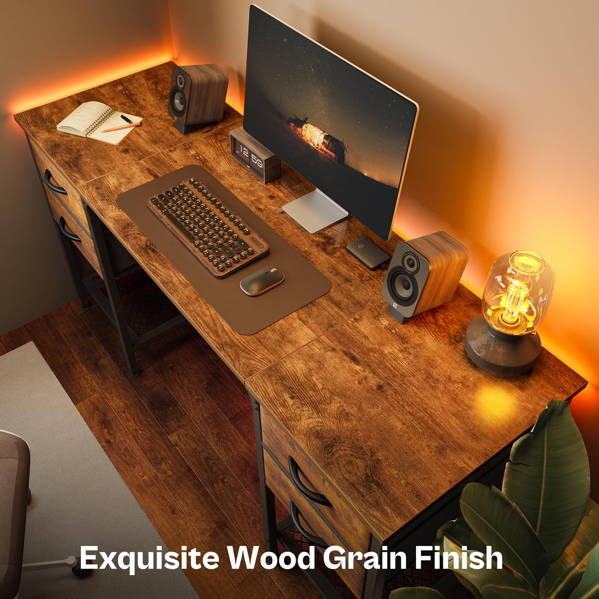 Huuger 55 Inch Computer Desk with 4 Drawers & Mesh Shelf - Large Rustic Brown Office Desk for Home, Gaming, Study & Work from Home - Perfect for Small Spaces & Bedroom Workspaces