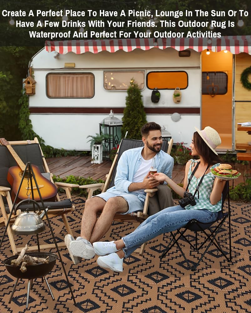 LILIOFFIC 5'x8' Reversible Outdoor Rug - Waterproof Plastic Straw Mat for Patio, Deck, RV, Camping, Beach & Picnic | Indoor/Outdoor Use | Durable Black & Brown Design for All-Weather Protection