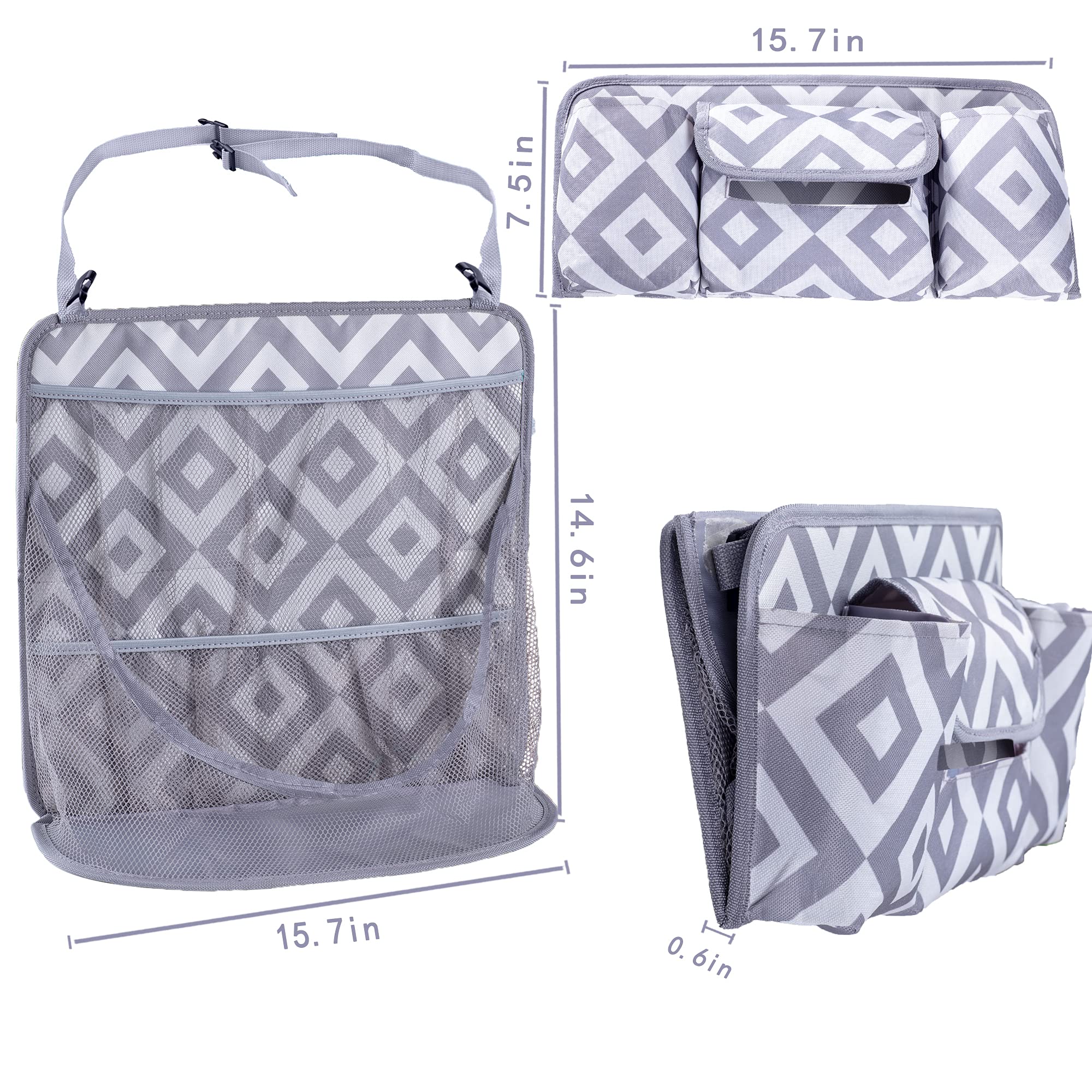 Collapsible Car Seat Organizer with Net Pocket - Handbag & Purse Holder, Pet & Kids Barrier for Front Seats | Gray Diamond Pattern | Perfect for Road Trips & Family Travel