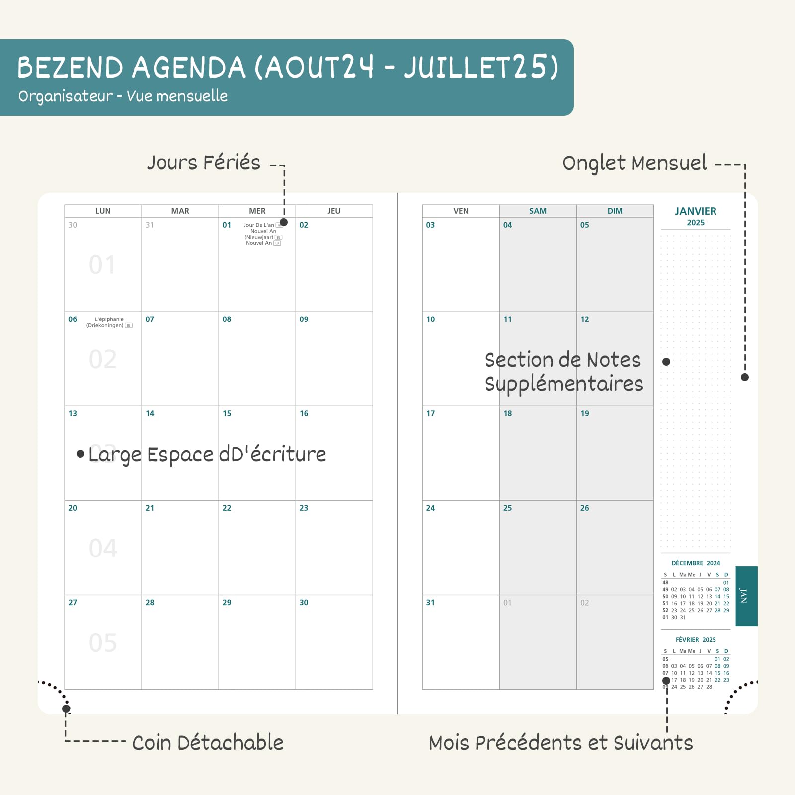 BEZEND 2024-2025 Weekly Planner A5 Size | August 2024 to July 2025 School Planner | Hardcover Academic Diary with 120gsm Thick Paper & Note Sections - Perfect for Students, Teachers & Office Professionals