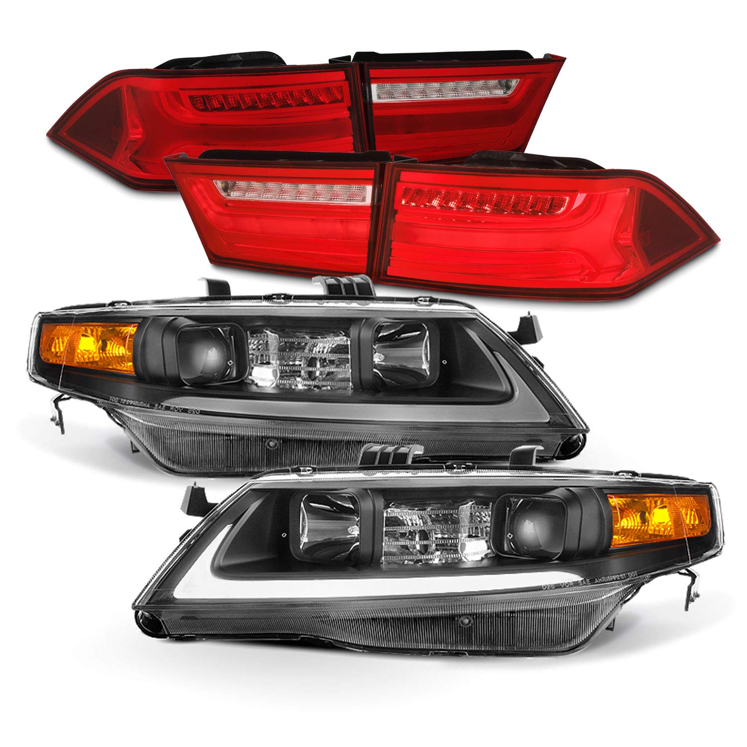 AKKON - 2004-2008 Acura TSX LED DRL Projector Headlights with Black Housing & Red LED Tail Lights Combo Kit - Upgrade for Night Driving and Enhanced Style