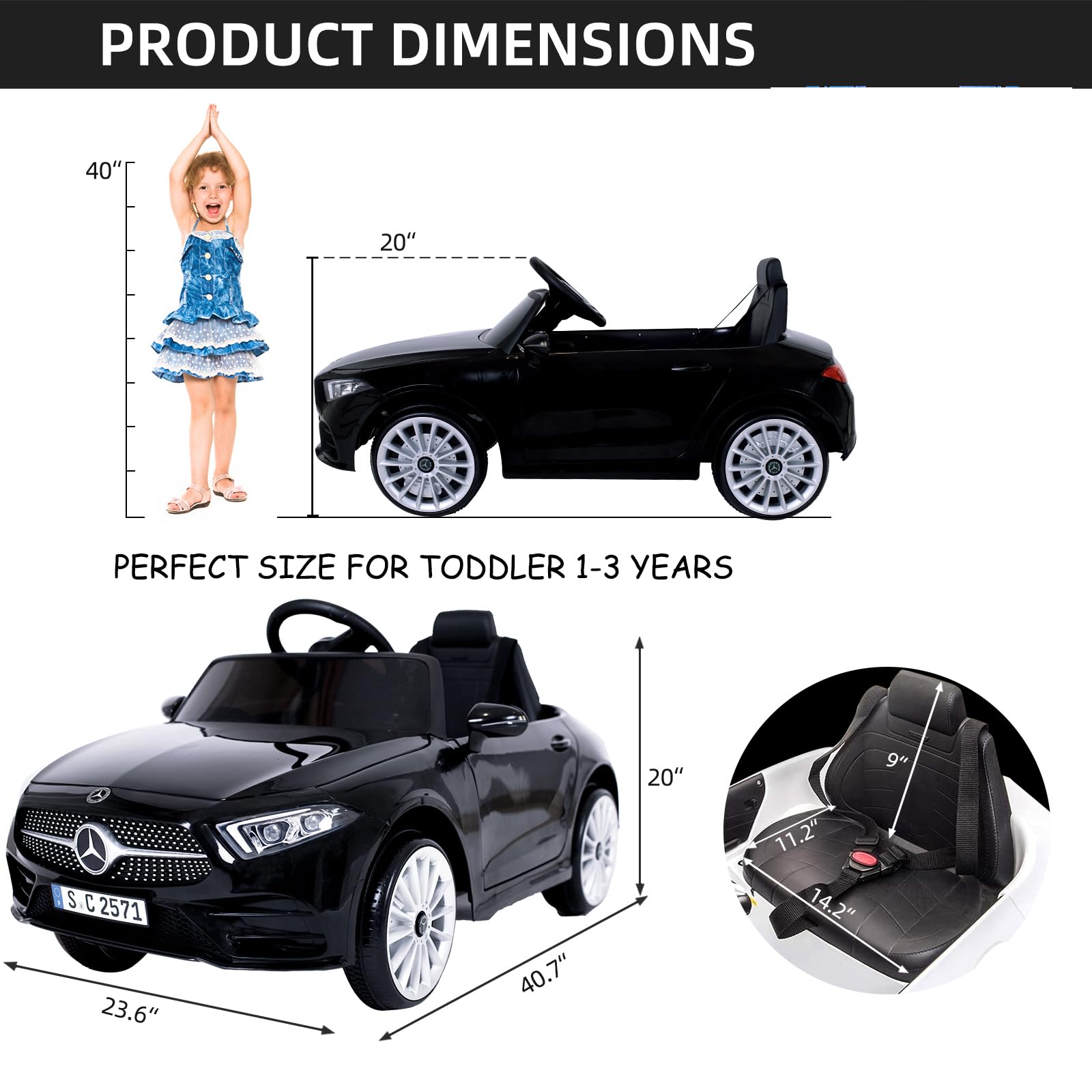 12V Mercedes Benz Licensed Kids Electric Ride On Car with Parent Remote Control - Adjustable Speed, Safety Belt, Music & LED Lights - Battery Powered Toy Vehicle for Boys & Girls (Black) | Perfect for Birthday Gifts, Outdoor Play & Backyard Fun