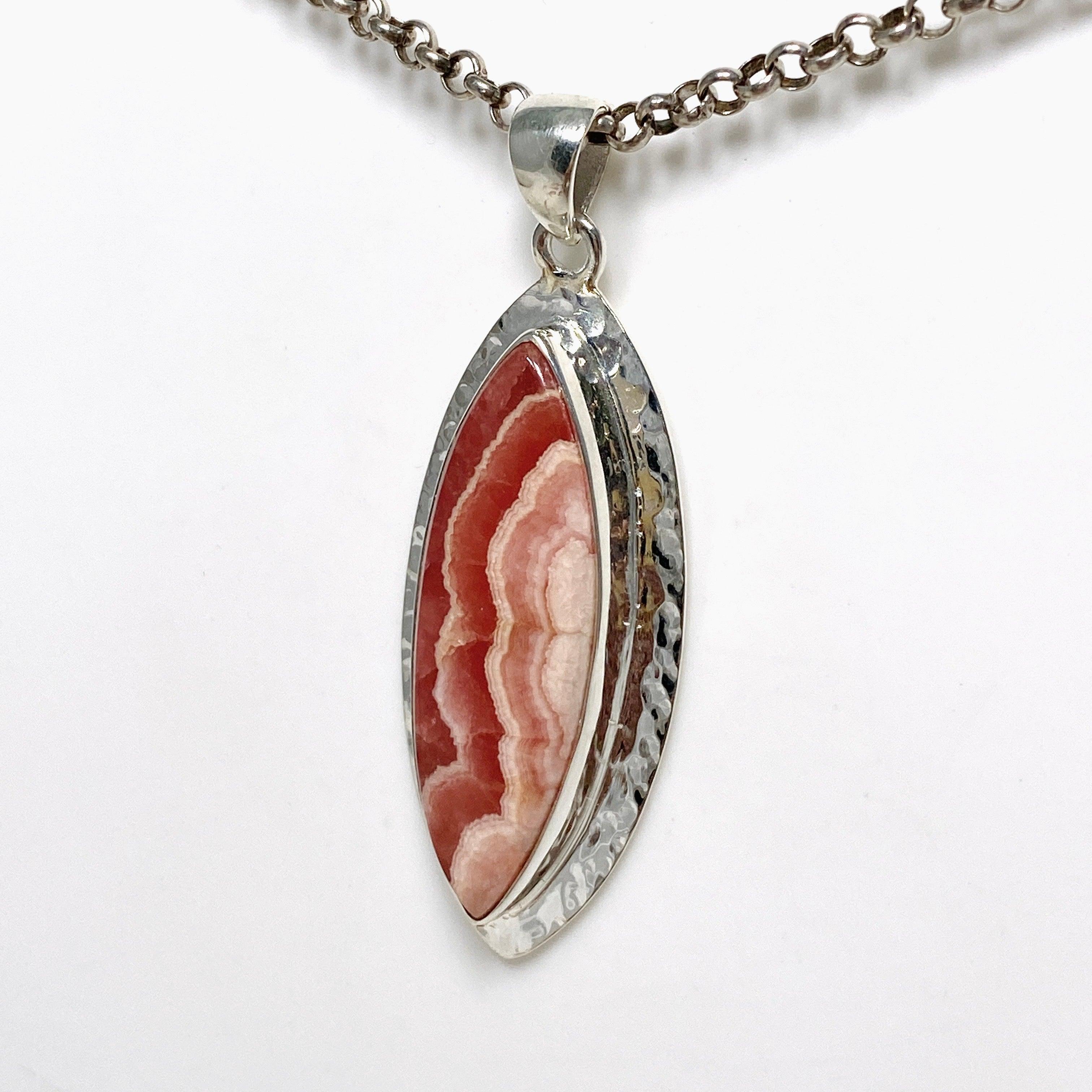 Rhodochrosite Marquise Pendant Necklace - Hammered Sterling Silver Setting KPGJ4331 | Elegant Jewelry Gift for Women, Perfect for Valentine's Day & Anniversary
