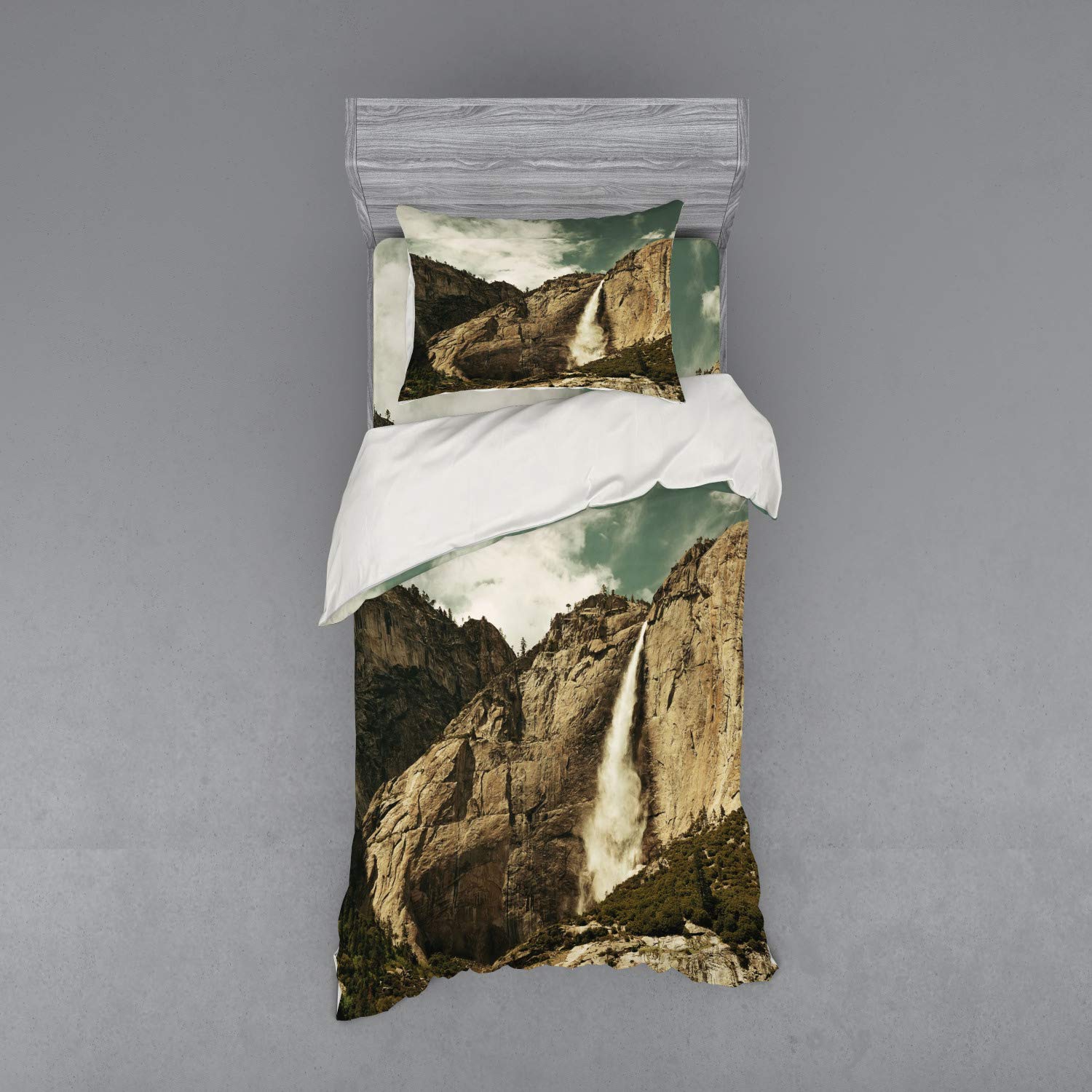 Ambesonne Yosemite Duvet Cover Set - 3 Piece Bedding with Sham & Fitted Sheet, Twin Size, Brown Reseda Green - Waterfall Scenery from Yosemite National Park California | Perfect for Nature Lovers' Bedroom Decor & Travel Theme Home Design