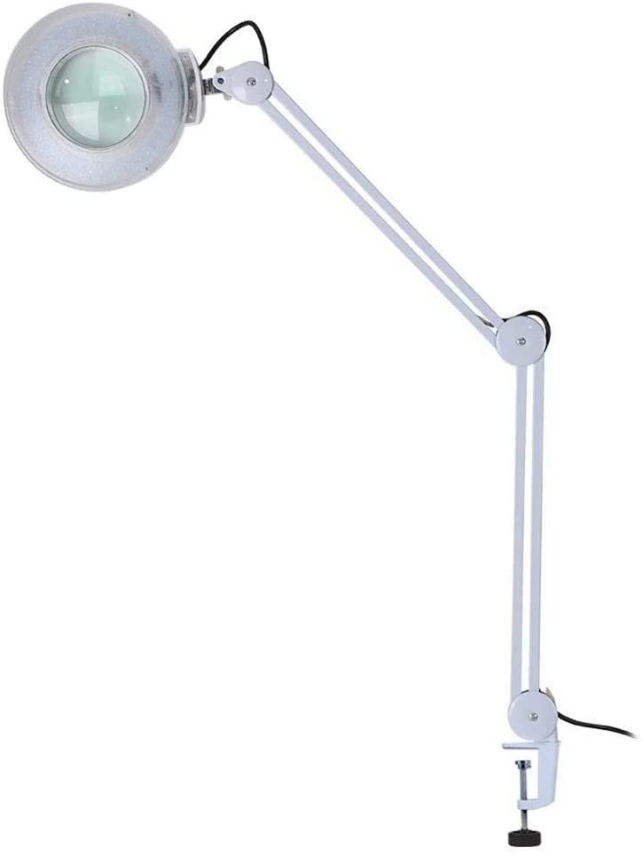 FEILL 5X Magnifying Clip Desk Lamp with LED Light - Adjustable Beauty & Makeup Magnifier for Salon, Tattoo, Nail Art, Skincare & Crafting - White (Perfect for Home, Office & Professional Use)