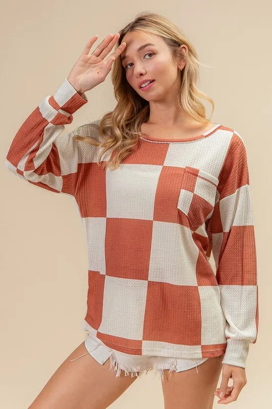 BiBi Checker Printed Hacci Top With Front Pocket - Stylish Women's Casual Knit Sweater for Fall & Winter | Perfect for Office, Date Night & Weekend Outings