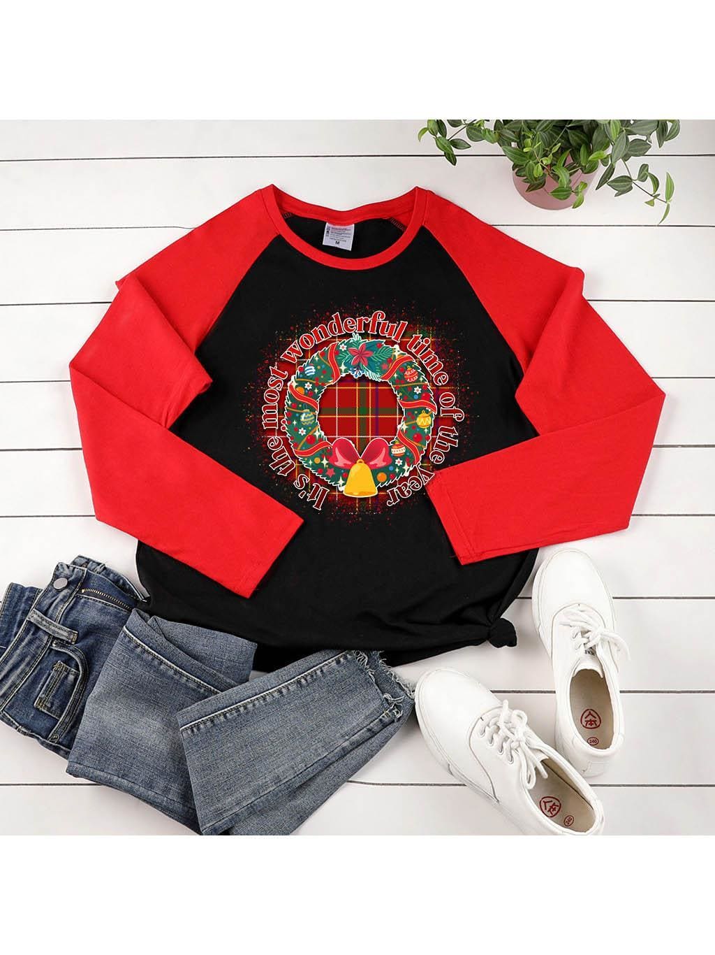 Lovevop Christmas Wreath Print Casual Long Sleeve T-Shirt for Women - Holiday Party, Family Gathering & Cozy Winter Outfits