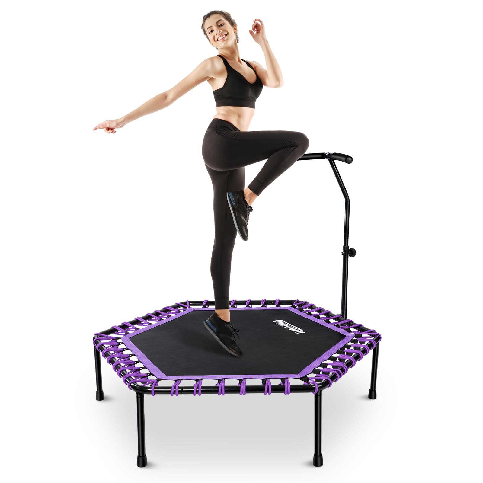ONETWOFIT 48 Inch Silent Mini Trampoline with Adjustable Handle Bar - Bungee Rebounder for Cardio, Jumping Workout & Fitness Training for Adults - Perfect for Home Gym, Indoor Exercise & Weight Loss