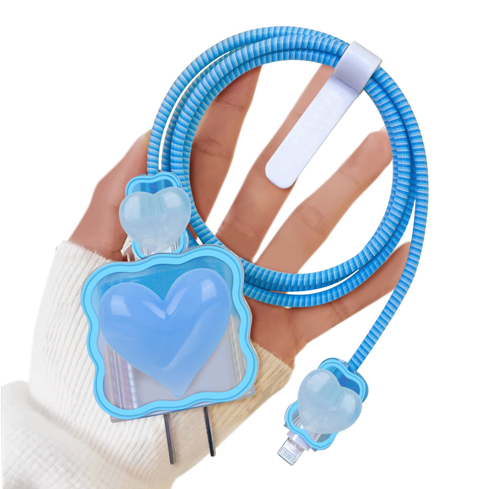 3D Marble Heart Cable Protector for iPhone Charger - Cute Waves Design, USB Charger Wire Saver for iPhone 11/12/13/14 Pro Max/XS/XR/X/7/8 Plus (Blue) - Protect Charging Cables from Pets, Kids & Daily Wear