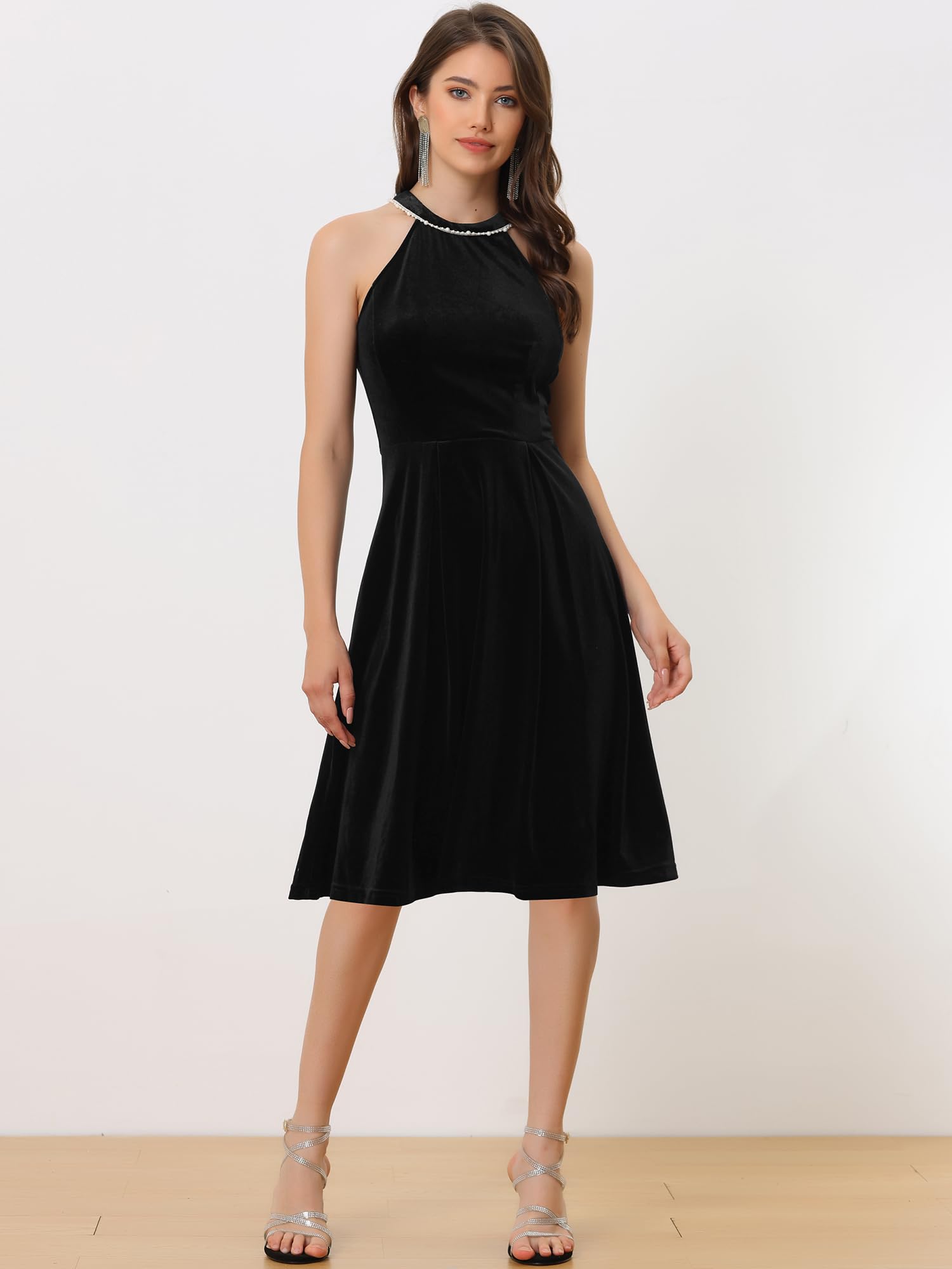 Allegra K Women's Formal Velvet Halter Neck Sleeveless Cocktail Dress with Pearl Details - Perfect for Evening Parties, Weddings & Holiday Events