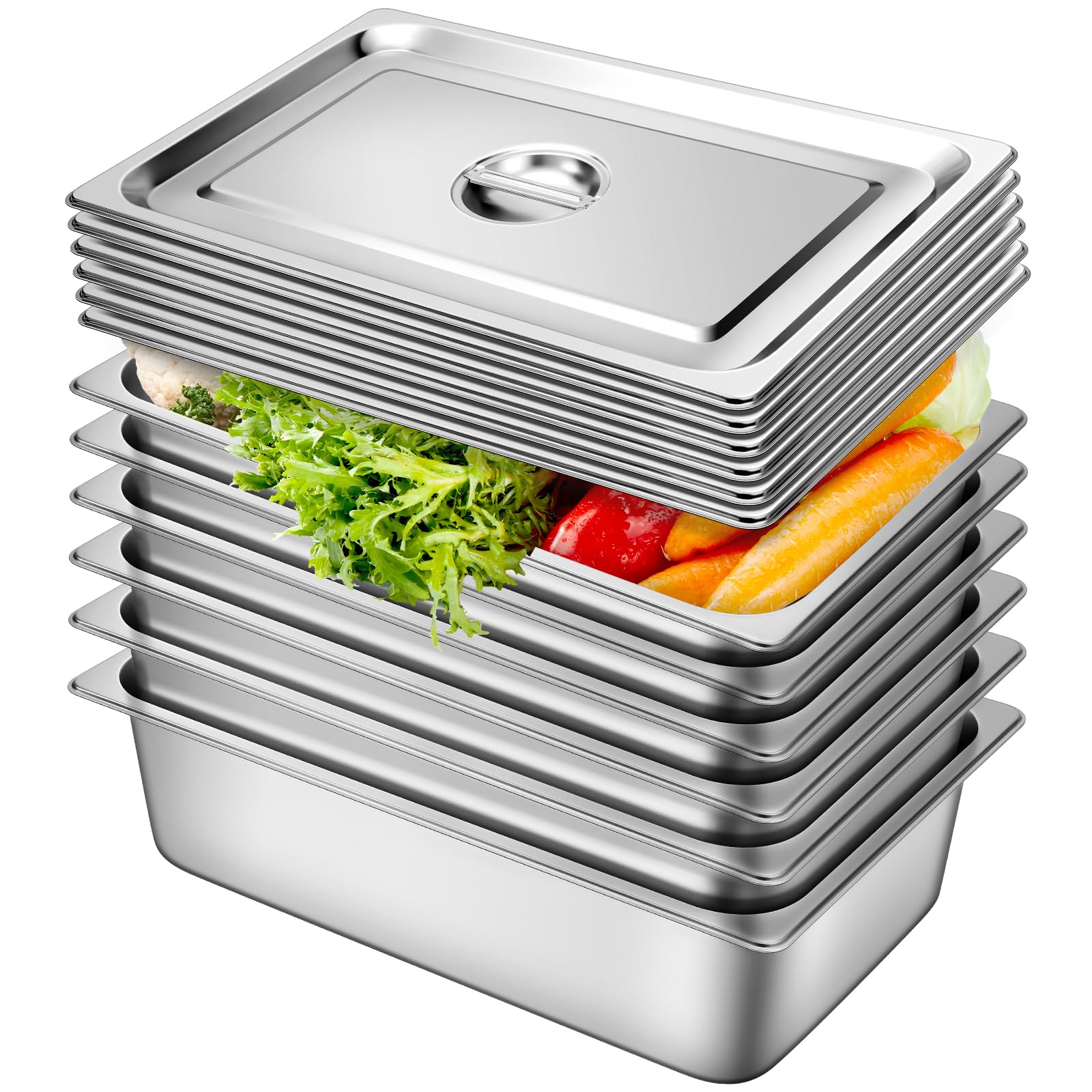 Stainless Steel Commercial Hotel Pan with Lids - 6 Pack Full Size 6