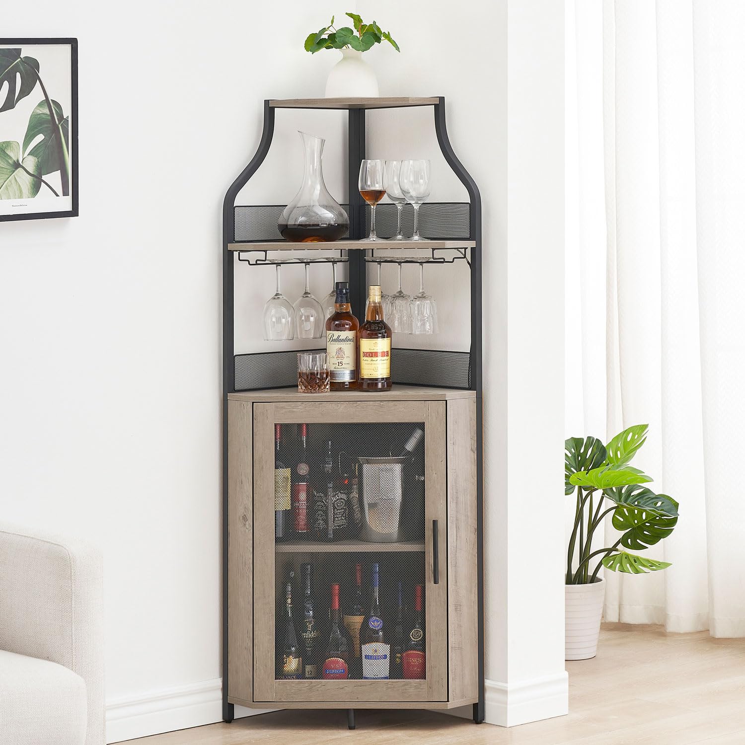 GAOMON 4-Tier Corner Wine Bar Cabinet - Large Storage Space, Removable Wine Rack, Glass Holder & Mesh Door - Grey - Perfect for Home Bar, Kitchen, Dining Room & Entertainment Spaces