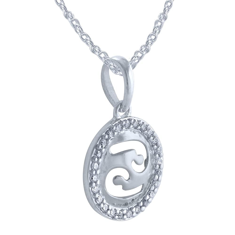 10K White Gold 1/8cttw Round Natural White Diamond Cancer Zodiac Pendant Necklace for Women & Men (H-I Color, I1-I2 Clarity) - Perfect Birthday Gift, Anniversary Present & Astrology Jewelry for Horoscope Lovers