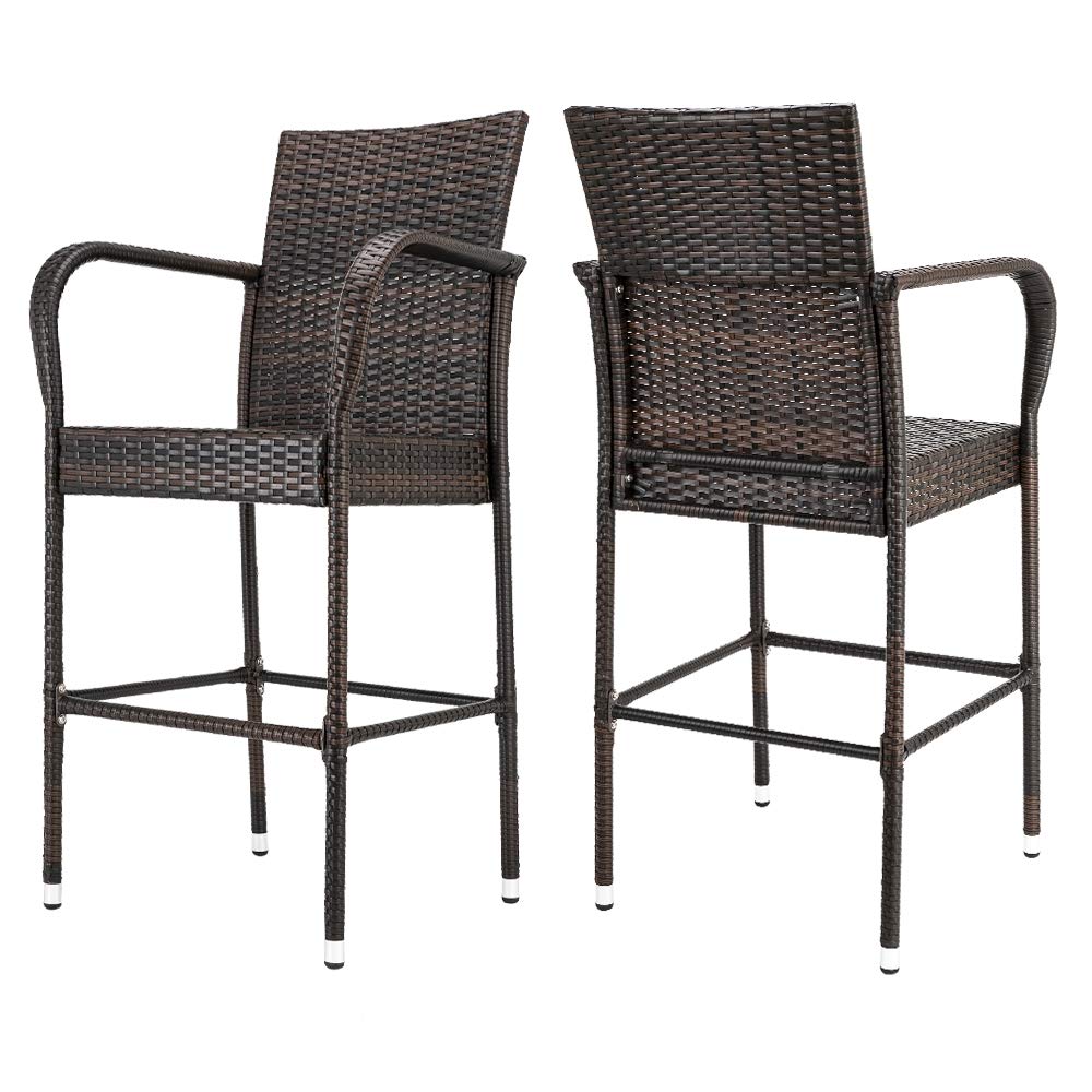 2 Pack Outdoor Wicker Bar Stools - All Weather Rattan Patio Chairs with Footrest & Armrest for Garden, Backyard, Lawn - Perfect for Poolside, Deck, or Outdoor Dining Areas