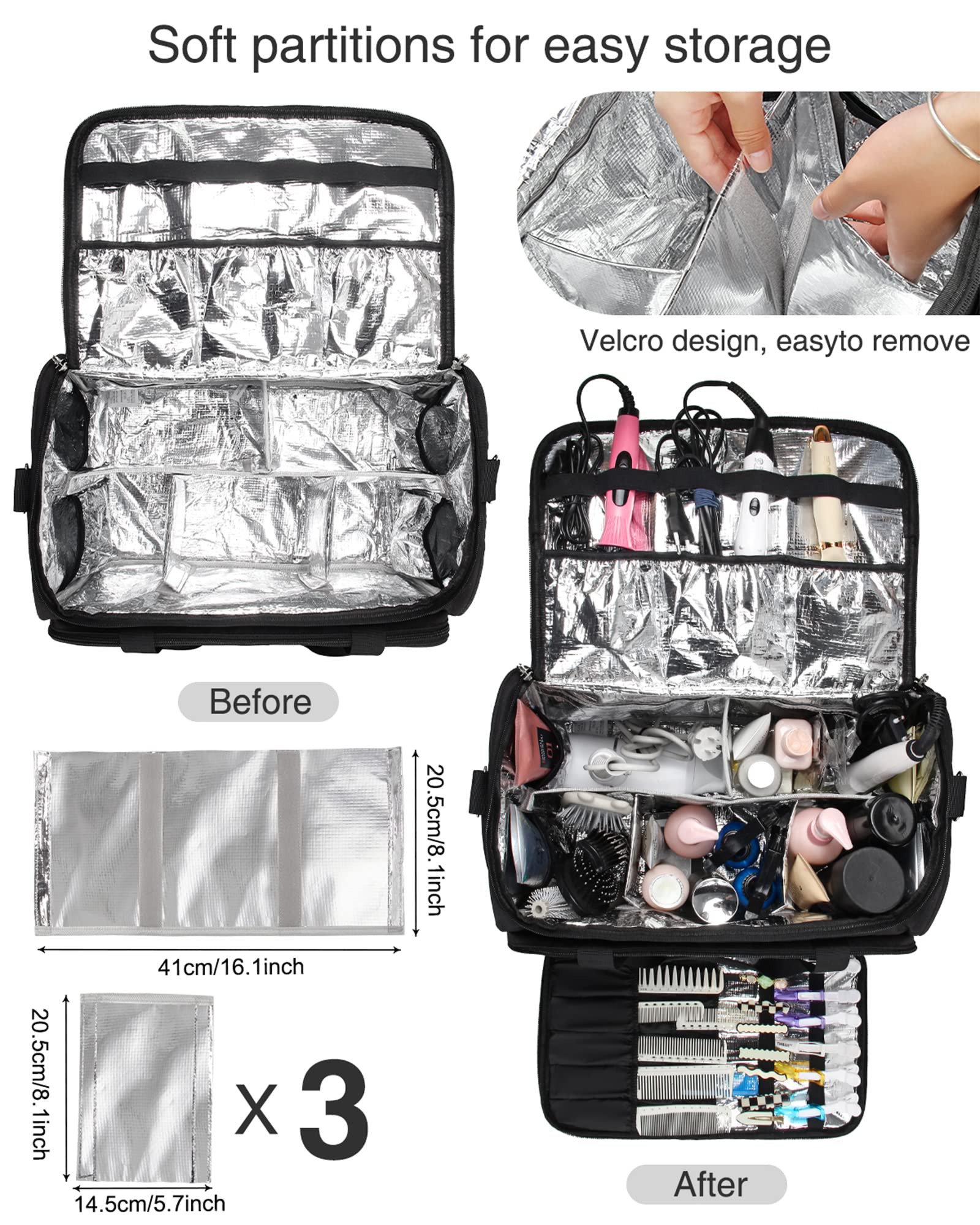 MONSTINA Rolling Makeup Train Case with 4 Small Cosmetic Bags + Professional Hairdressing Organizer | Adjustable Divider Travel Makeup Trolley for Hairstylists & Makeup Artists | Perfect for Salon, Bridal & On-Site Beauty Services (Black)