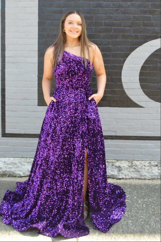 Plus Size Purple Sequin A-Line Prom Dress with One Shoulder - Elegant Iridescent Gown for Homecoming, Formal Events & Special Occasions