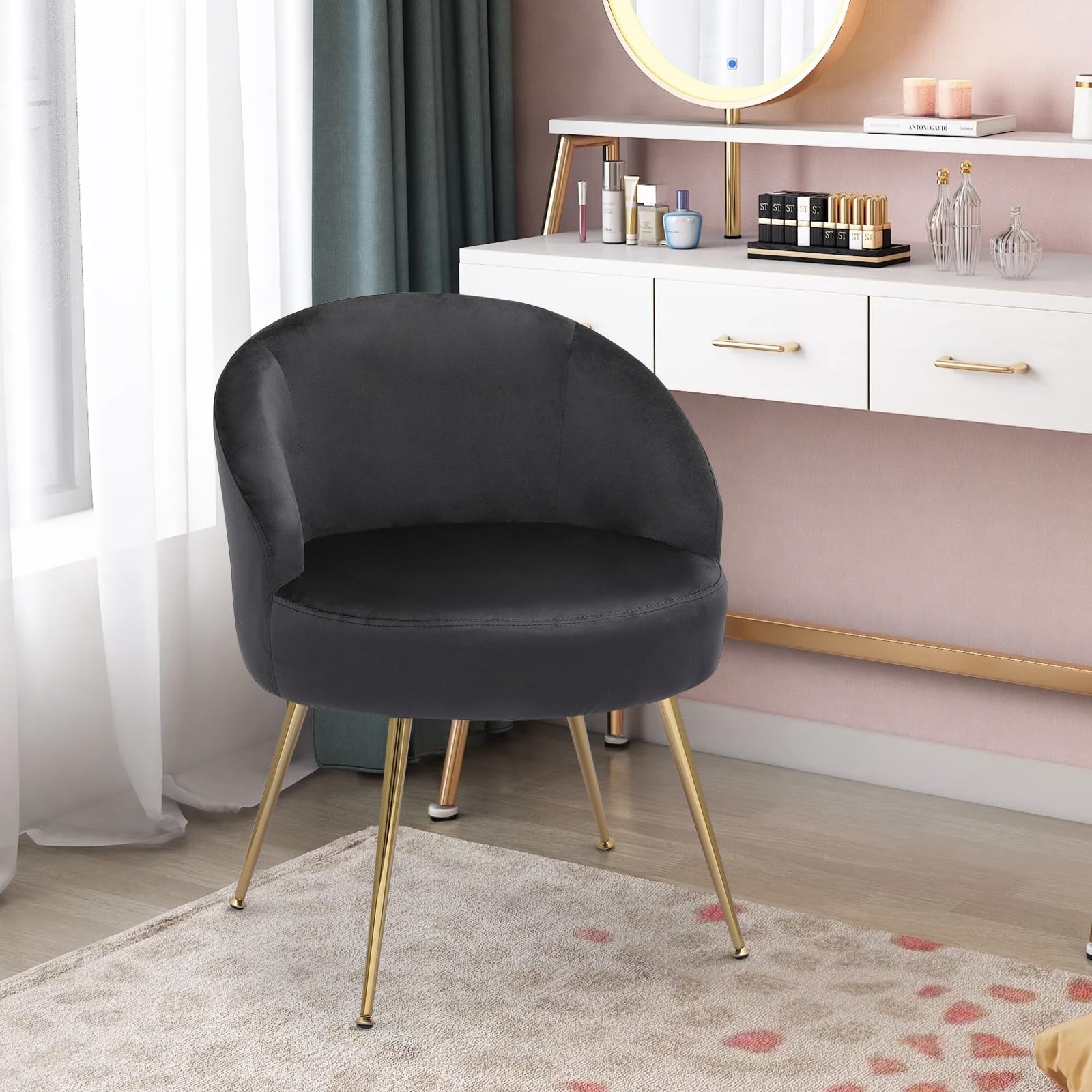 Magshion Black Velvet Vanity Chair with Metal Legs - No Wheels, Back Support Accent Chair for Bedroom, Living Room & Makeup Area - Comfy Upholstered Seat for Girls & Women (Perfect for Dressing Table, Beauty Station & Home Decor)