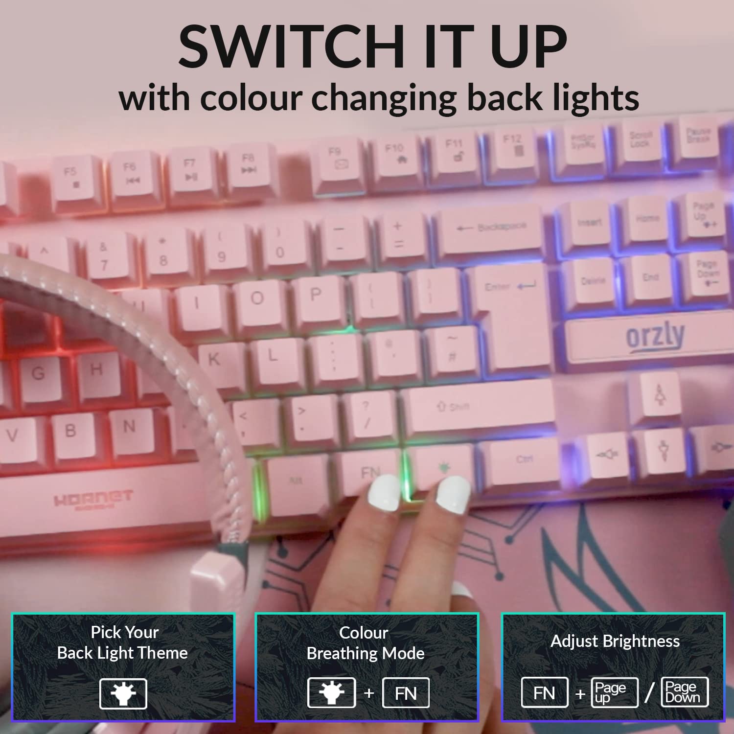 Orzly RX-250 Hornet Edition - RGB Backlit Wired Gaming Keyboard for PC, PS4, PS5, Xbox & Nintendo Switch | Mechanical Feel | Pink Rainbow Design | Perfect for Esports, Streaming & Night Gaming