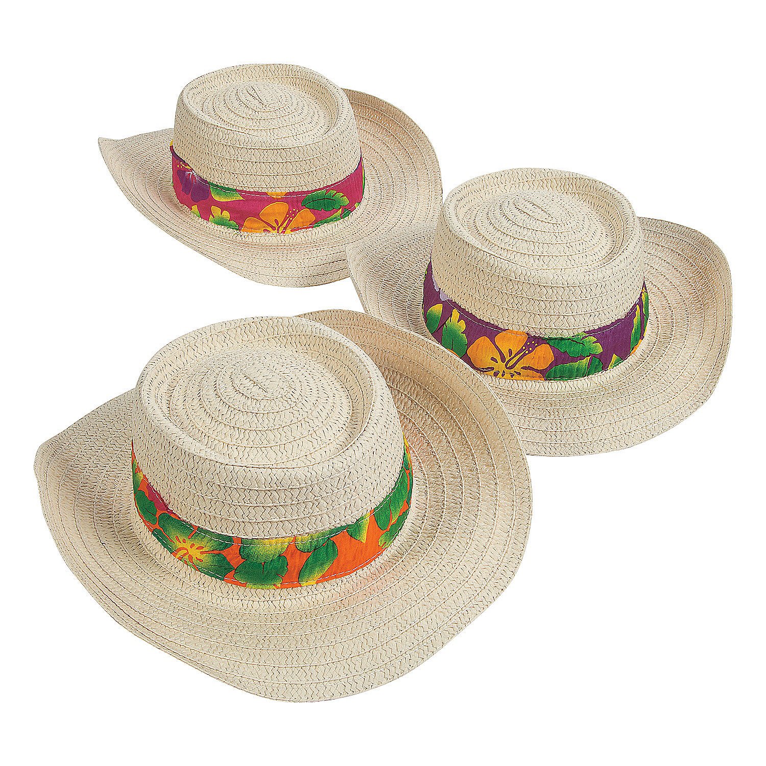 Fun Express Hibiscus Print Beach Hat - 12 Pack Straw Hats for Women, Summer Vacation Accessories - Perfect for Pool Parties, Beach Outings & Tropical Getaways
