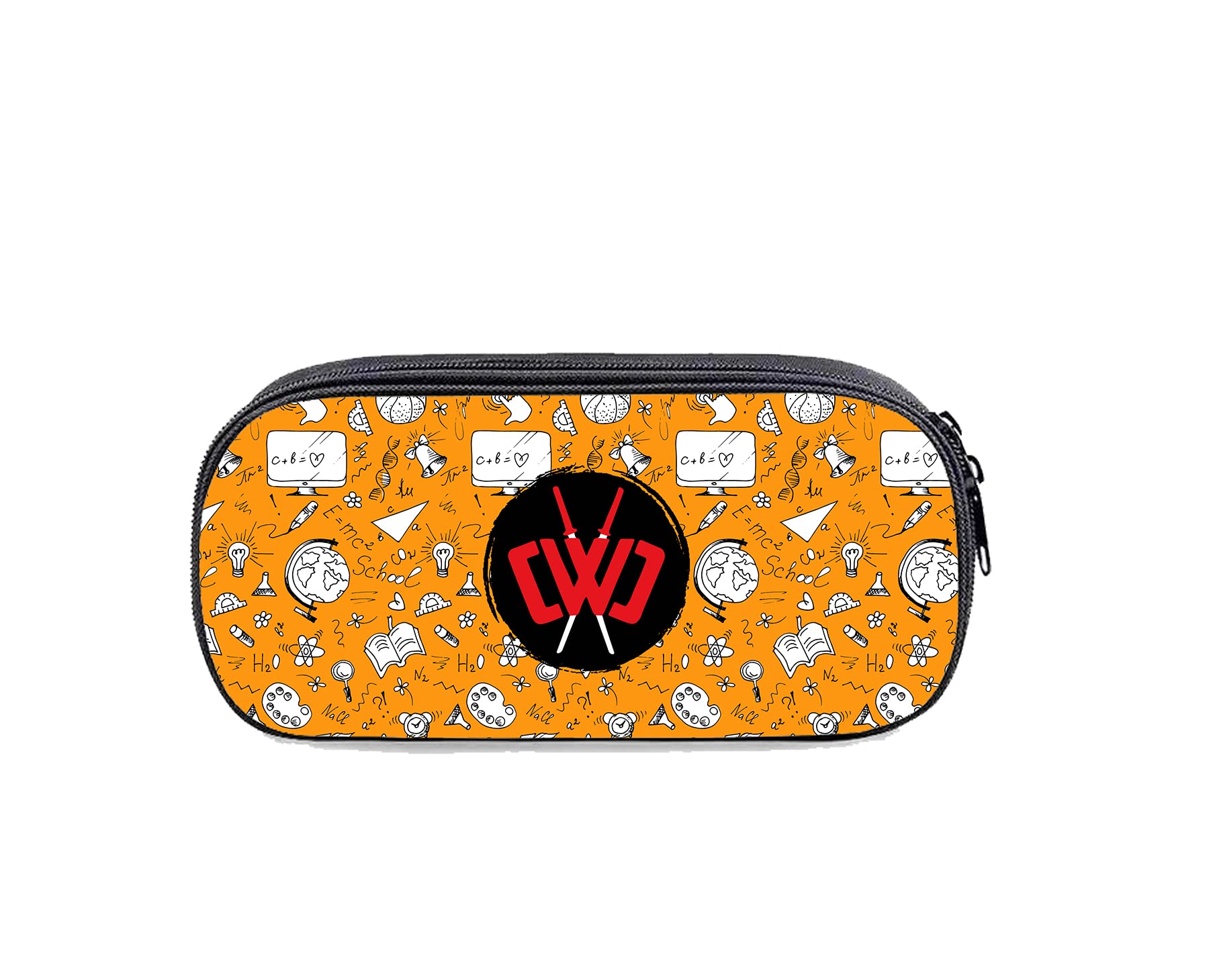 Large Cute CW Pencil Case with 3 Compartments - Canvas Pencil Pouch Organizer for School, Office & Travel - Aesthetic Stationery Bag (Orange)