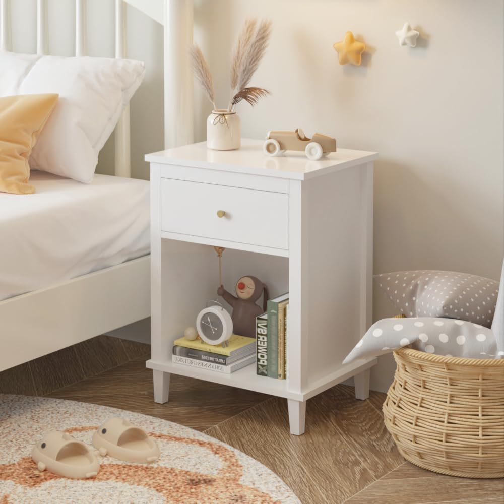Modern Kids Nightstand with Drawer & Open Shelf - Wooden Toddler Bedside Table for Boys & Girls - White Nursery & Bedroom Storage Furniture - Perfect for Bedrooms, Playrooms & Kids' Rooms