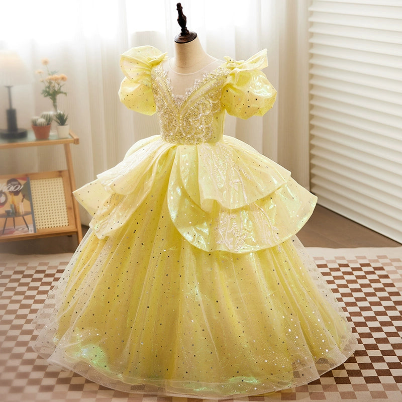 Yellow Princess Round Floor Length Organza Flower Girl Dress for Weddings, Baptisms & Special Occasions - Elegant & Comfortable Kids Formal Wear