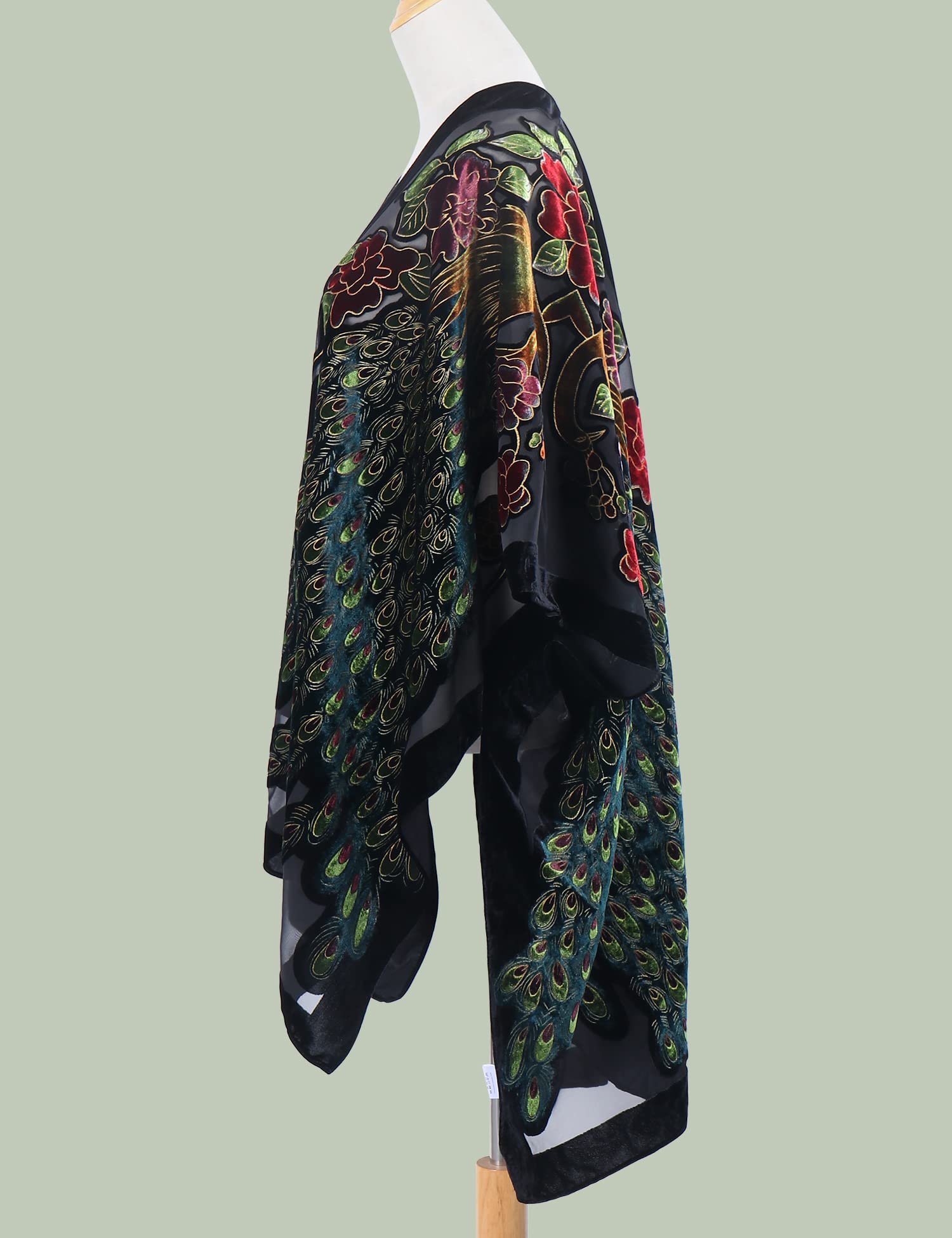 WeHello Women's Burnout Velvet Kimono Long Cardigan Cover Up - Peacock/Black | Lightweight Loungewear for Home, Beach & Boho Fashion
