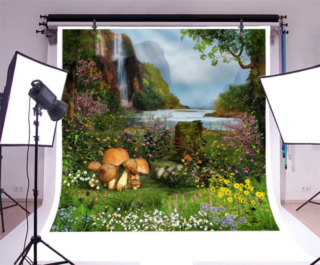 Baocicco 4x4ft Fantasy Photography Backdrop - Enchanted Fairyland Landscape with Waterfall, Green Grass & Wild Flowers | Perfect for Wedding, Birthday, Kids Tea Party, Princess Portraits & Sprite Themed Events