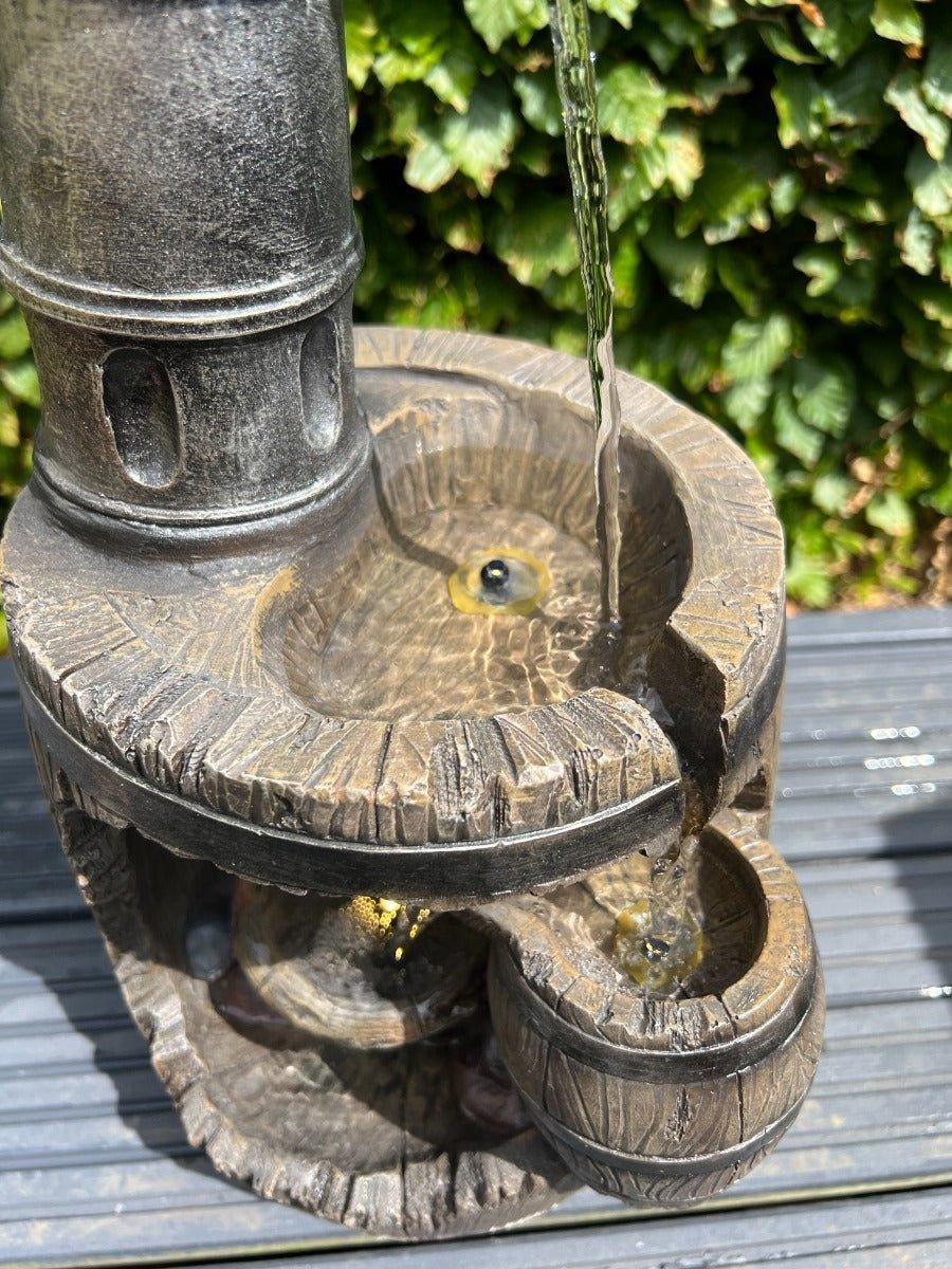 3-Tier Barrel Water Fountain with LED Lights - Outdoor Garden Decor, Relaxing Patio & Backyard Water Feature