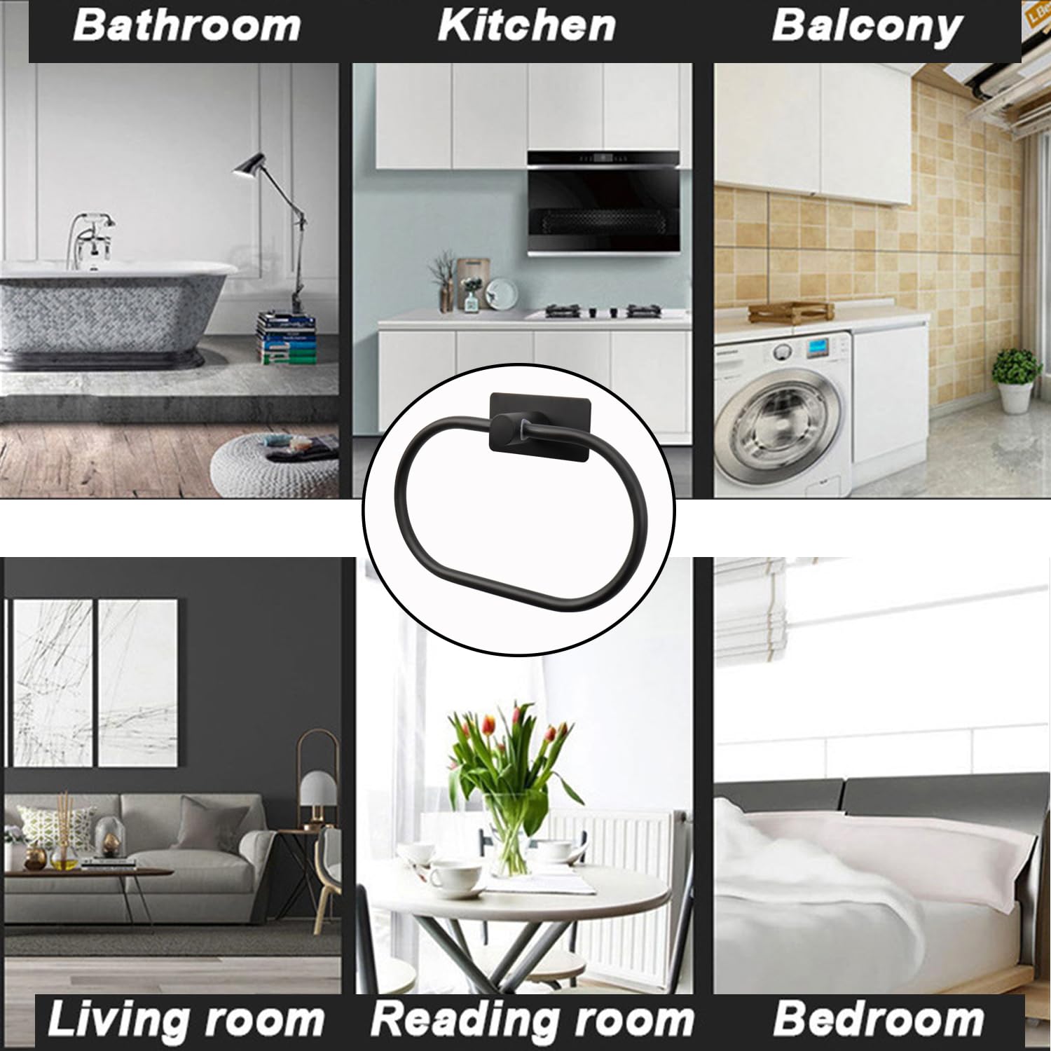 Stick-On Oval Towel Ring - No Drill Self Adhesive Hand Towel Holder - Thick 304 Stainless Steel Bathroom & Kitchen Towel Hanger - Matte Black - Perfect for Small Spaces & Rental Homes