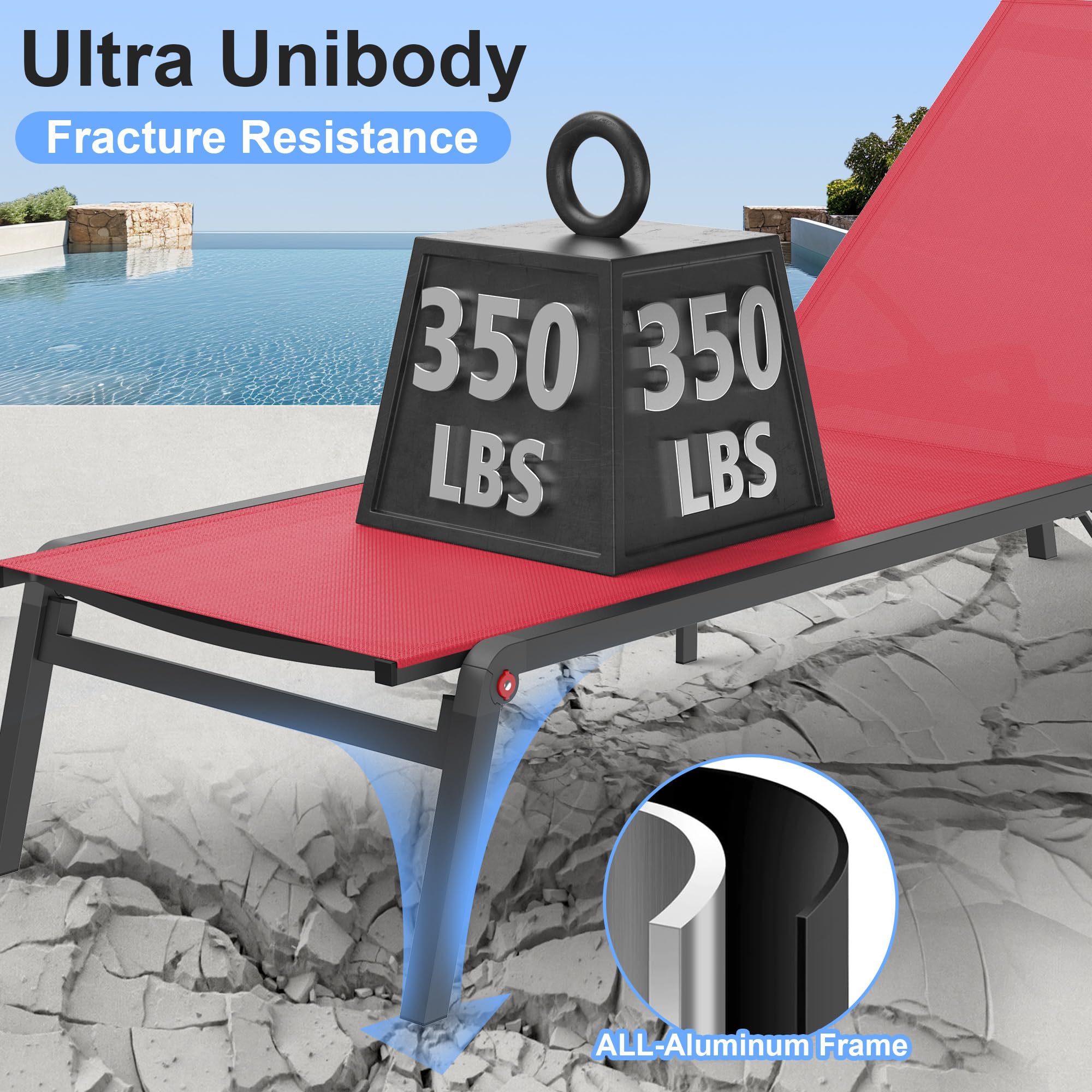 Premium Foldable Outdoor Lounge Chair - 0-60° Adjustable Backrest, No Assembly Required, Stainless Aluminum Frame for Patio, Poolside & Beach Relaxation (Red) | Perfect for Sunbathing, Backyard Lounging & Vacation Getaways