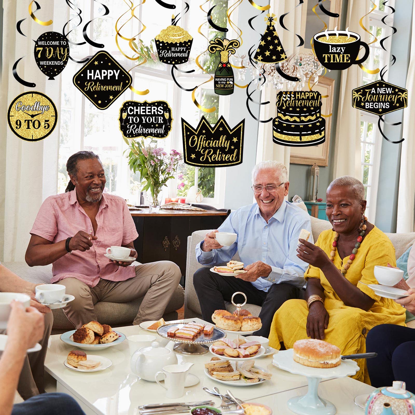 Blulu 30-Piece Black & Gold Retirement Party Decorations Set - Hanging Swirls for Retirement Celebrations (Men & Women) - Perfect for Office Farewell Parties, Retirement Home Decor & 2025 Milestone Events