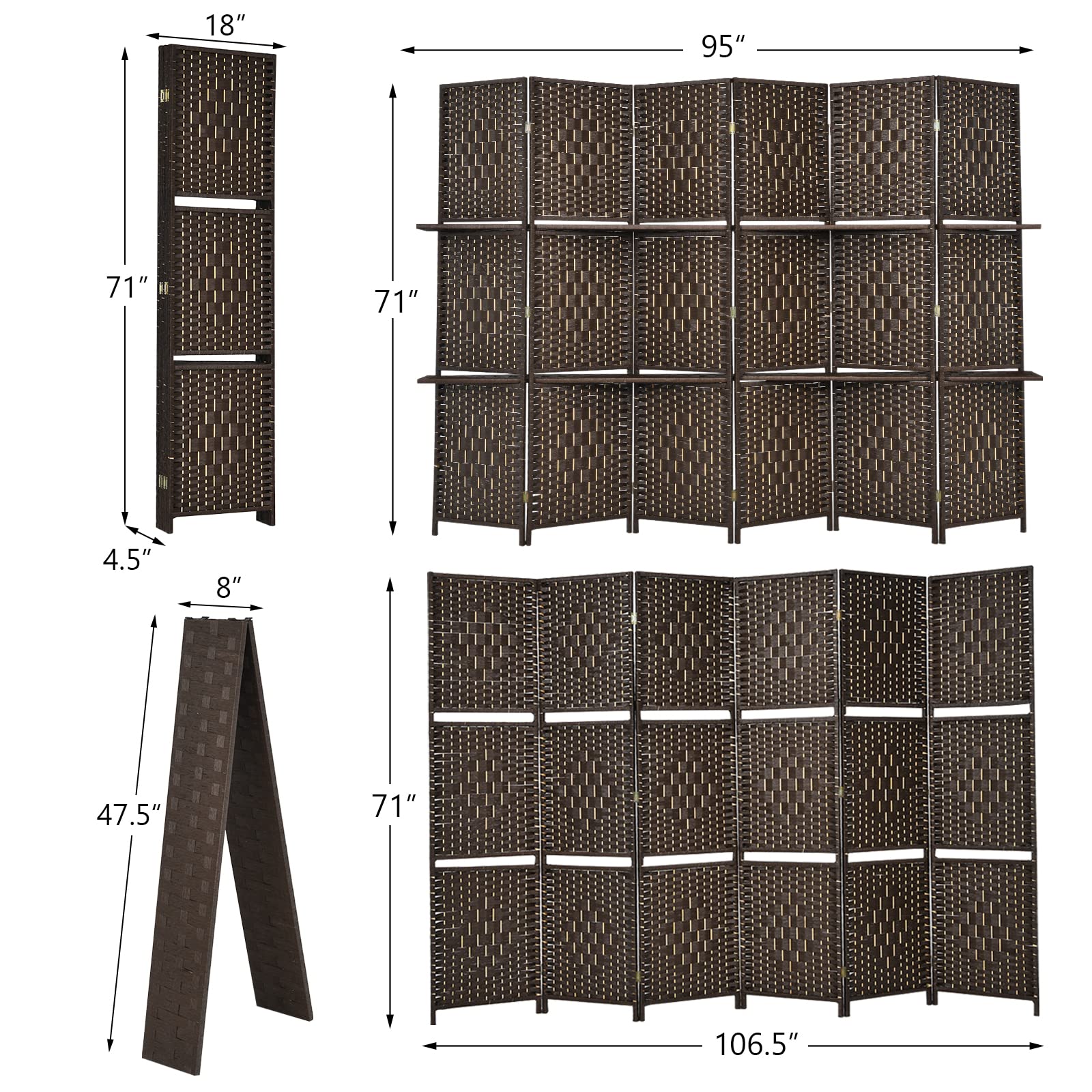 Giantex 6Ft 6-Panel Room Divider with Shelves - Hand-Woven Rattan Freestanding Folding Privacy Screen for Home, Office & Studio - Wooden Partition Wall for Room Separation | Perfect for Creating Private Spaces, Home Decor & Workspace Organization