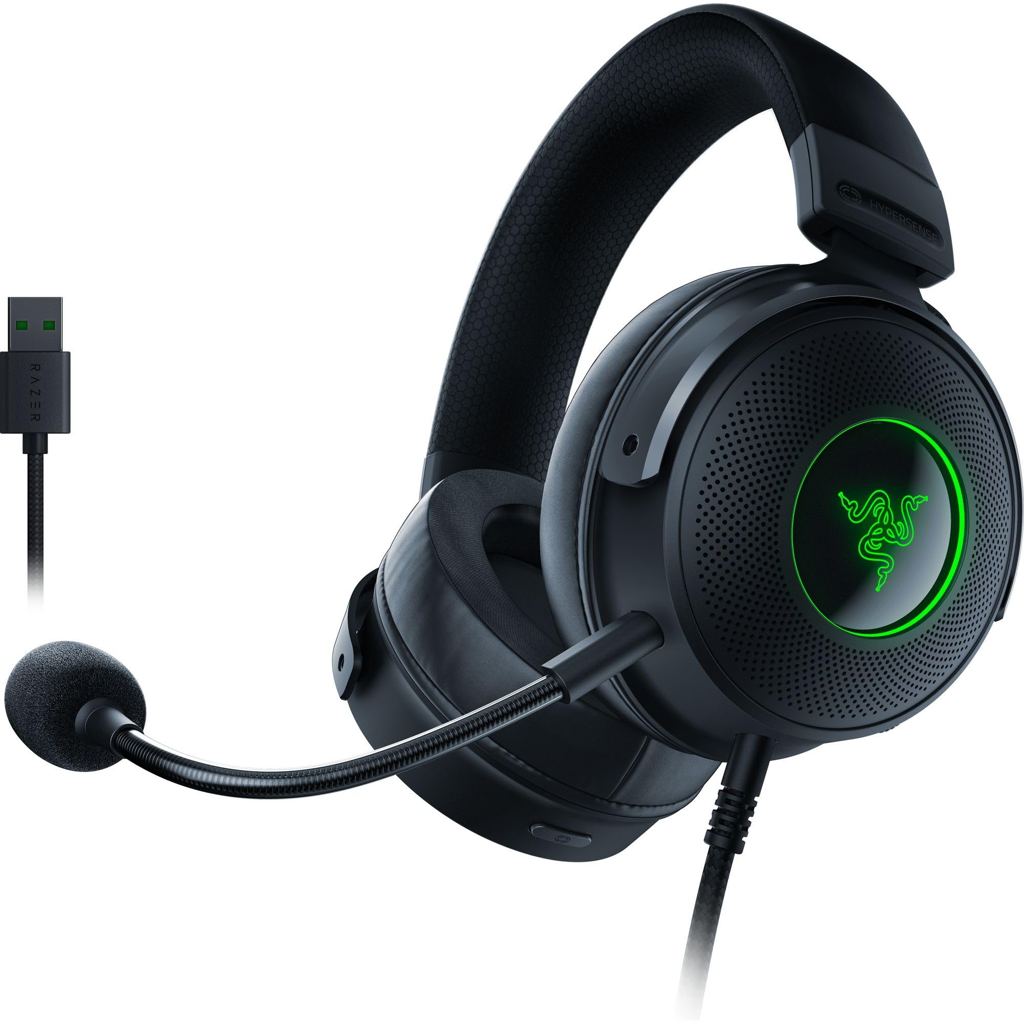 Razer Kraken V3 HyperSense Wired USB Gaming Headset with Haptic Feedback - 50mm Triforce Titanium Drivers & THX Spatial Audio - Memory Foam Ear Cushions (Hybrid Fabric/Leatherette) - Detachable Mic - Perfect for PC, PS5, Xbox Series X Gaming & Streaming