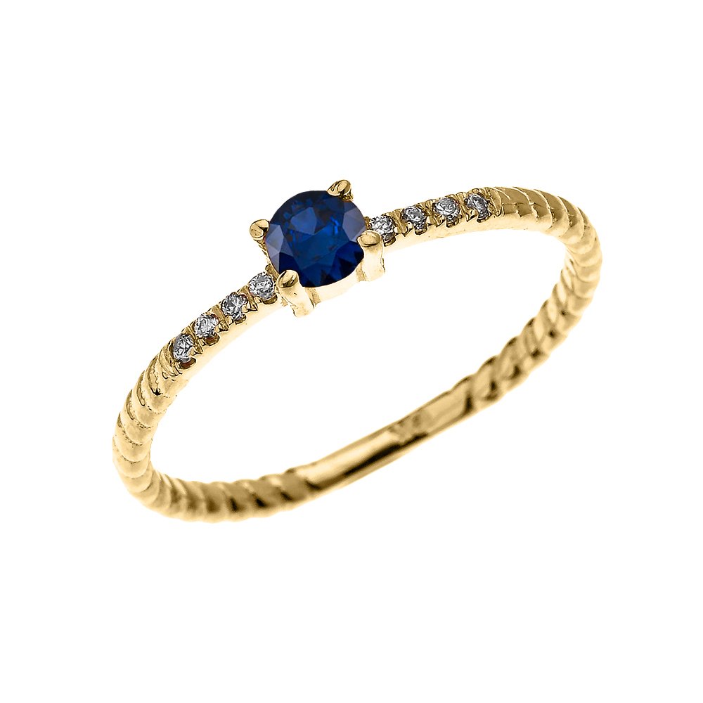 14K Yellow Gold Dainty Diamond & Solitaire Sapphire Rope Design Stackable Ring for Women - Elegant Proposal, Engagement, Wedding, Anniversary Gift for Her