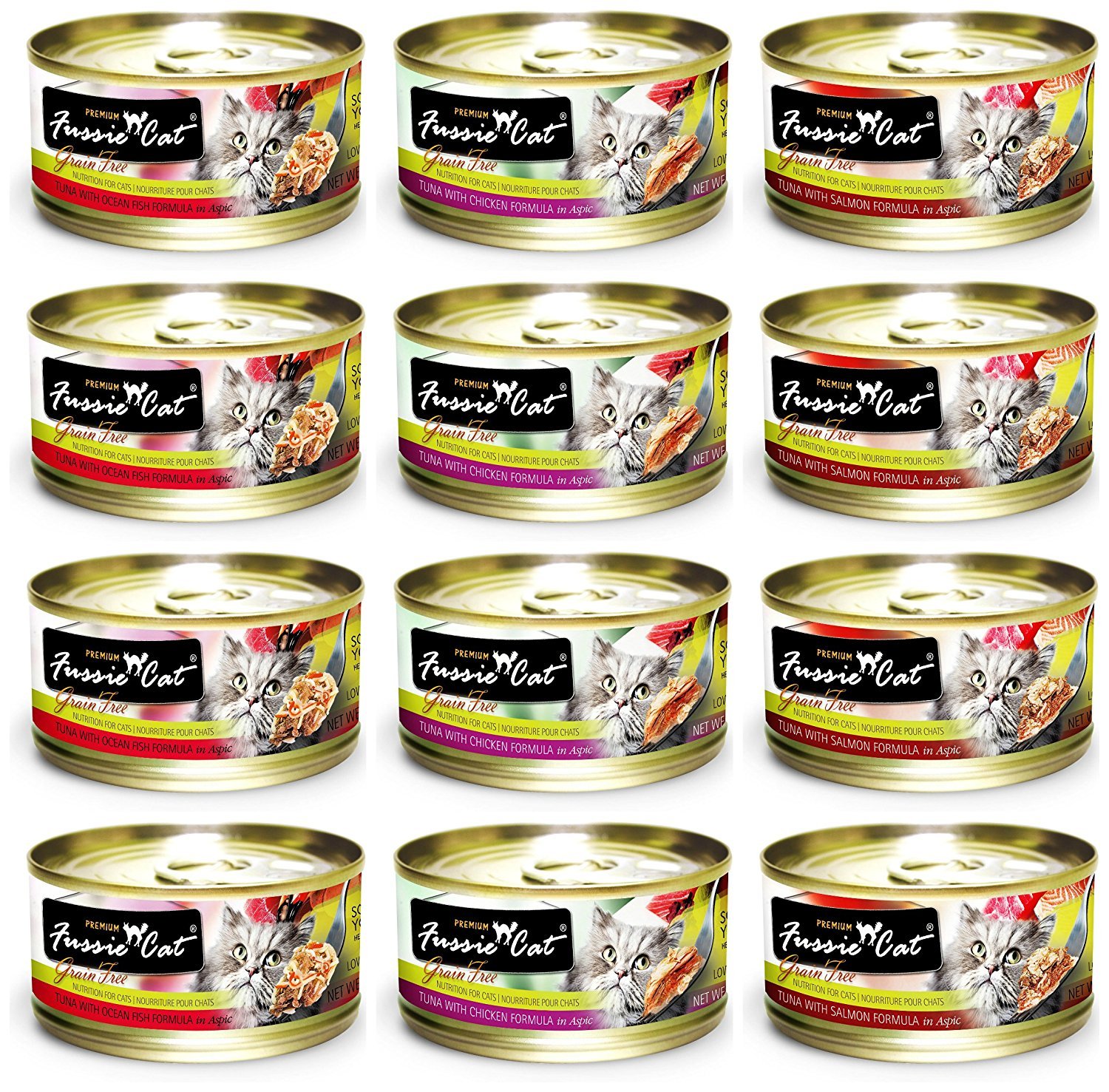 Fussie Cat Premium Grain-Free Wet Cat Food - 12 Pack Variety (Tuna Chicken, Tuna Salmon, Ocean Fish) 2.82oz Cans - High Protein, Natural Ingredients for Adult & Senior Cats - Perfect for Mealtime, Travel & Picky Eaters