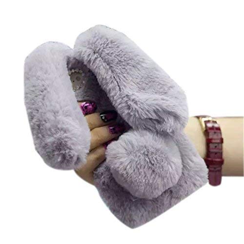 Premium Bling Diamond Soft Fluffy Rabbit Fur Case for iPhone 11 Pro Max (6.5 inch) - Winter Warm Plush Protective Cover with Crystal Bowknot | Stylish & Cozy Phone Case for Women, Girls | Perfect for Winter Fashion, Gift Giving & Everyday Protection (Light Grey)