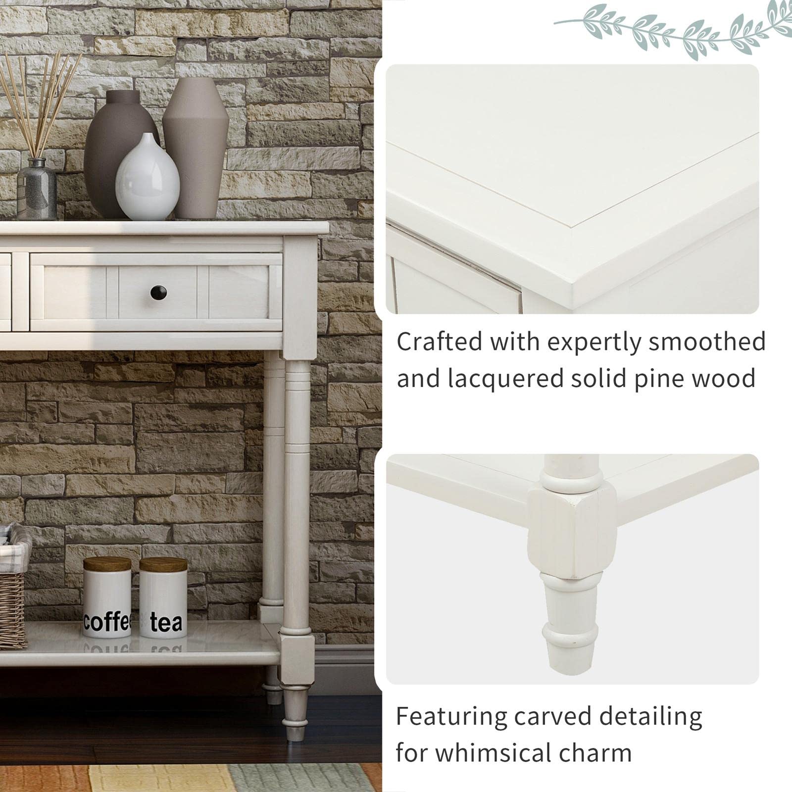 JINS&VICO Ivory White Console Table with Two Drawers and Bottom Shelf - Entryway Sofa Table, Sideboard for Living Room & Dining Room - Perfect for Hallway Decor, Small Space Storage & Home Organization
