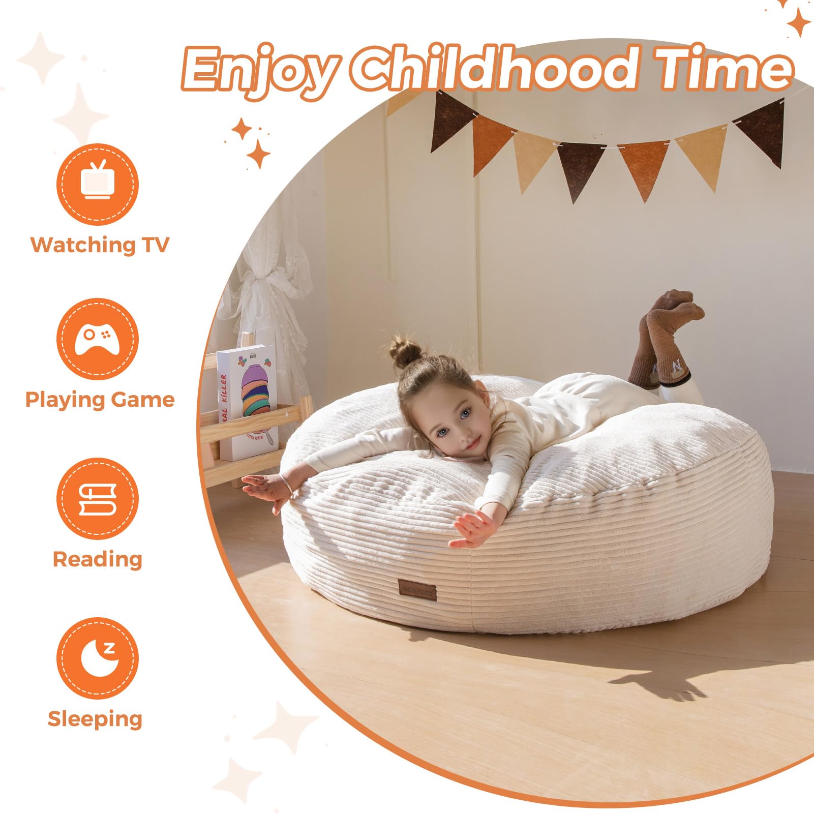 MAXYOYO 3-in-1 Convertible Kids Bean Bag Chair & Bed - Corduroy Round Floor Sofa for Children's Room, Gaming & Reading - Beige | Perfect for Playroom, Bedroom & Dorm Decor